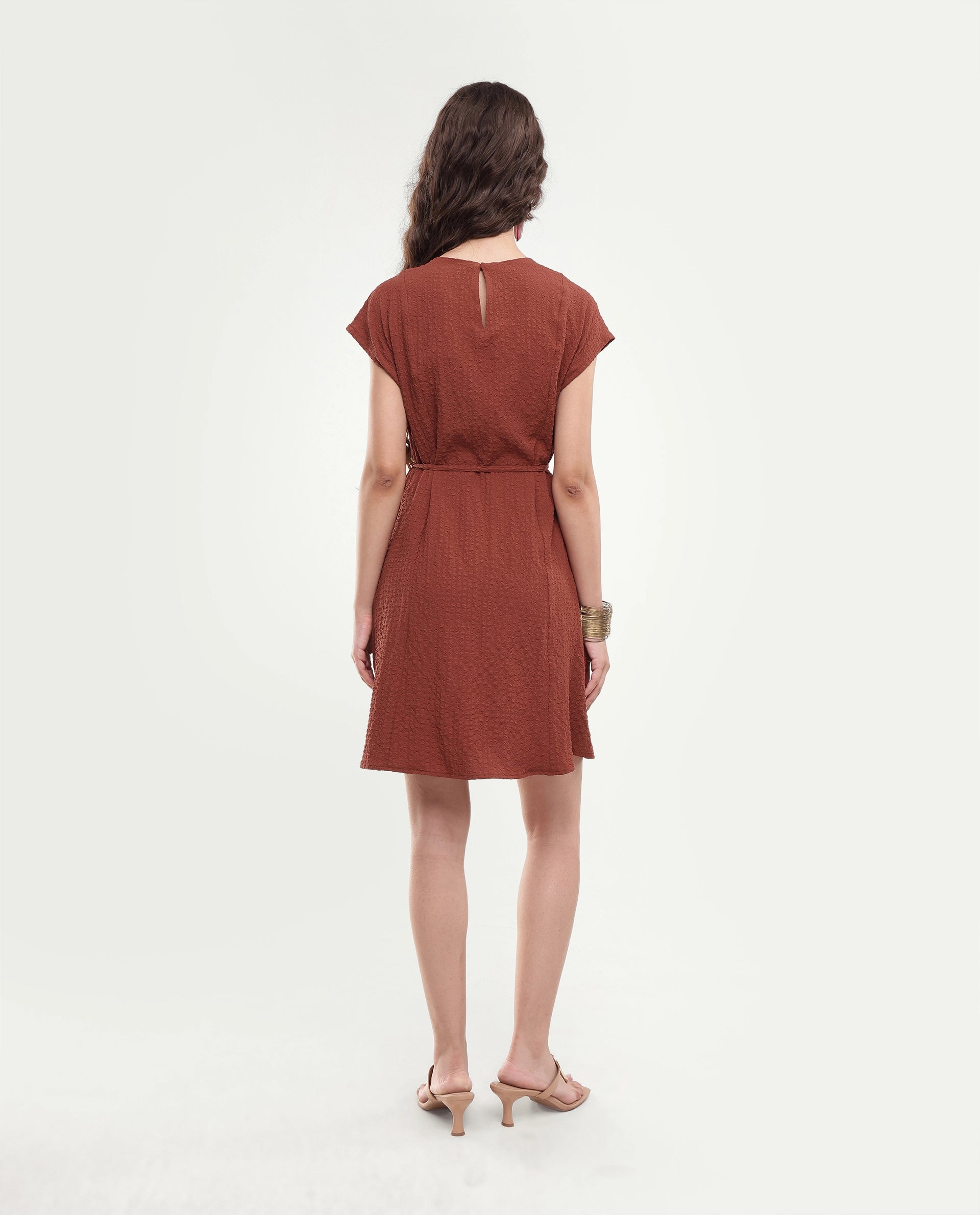 Rareism Women's Sorin Dark Rust Polyester Blend Button A-Line Dress