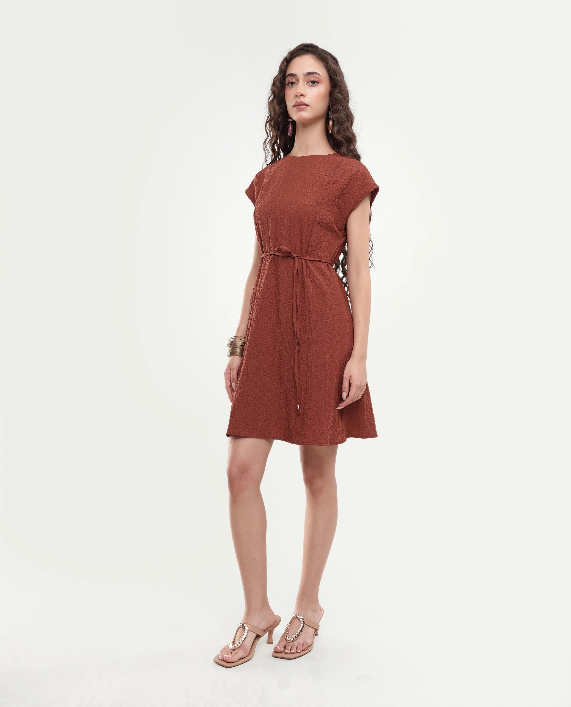 Rareism Women's Sorin Dark Rust Polyester Blend Button A-Line Dress