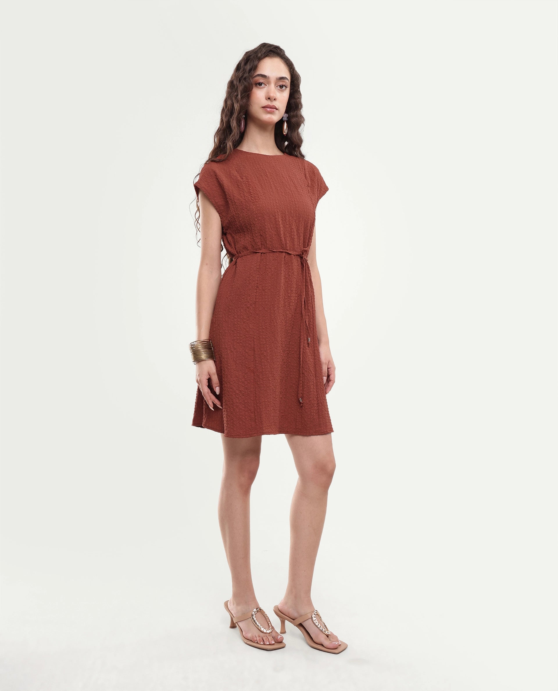 Rareism Women's Sorin Dark Rust Polyester Blend Button A-Line Dress
