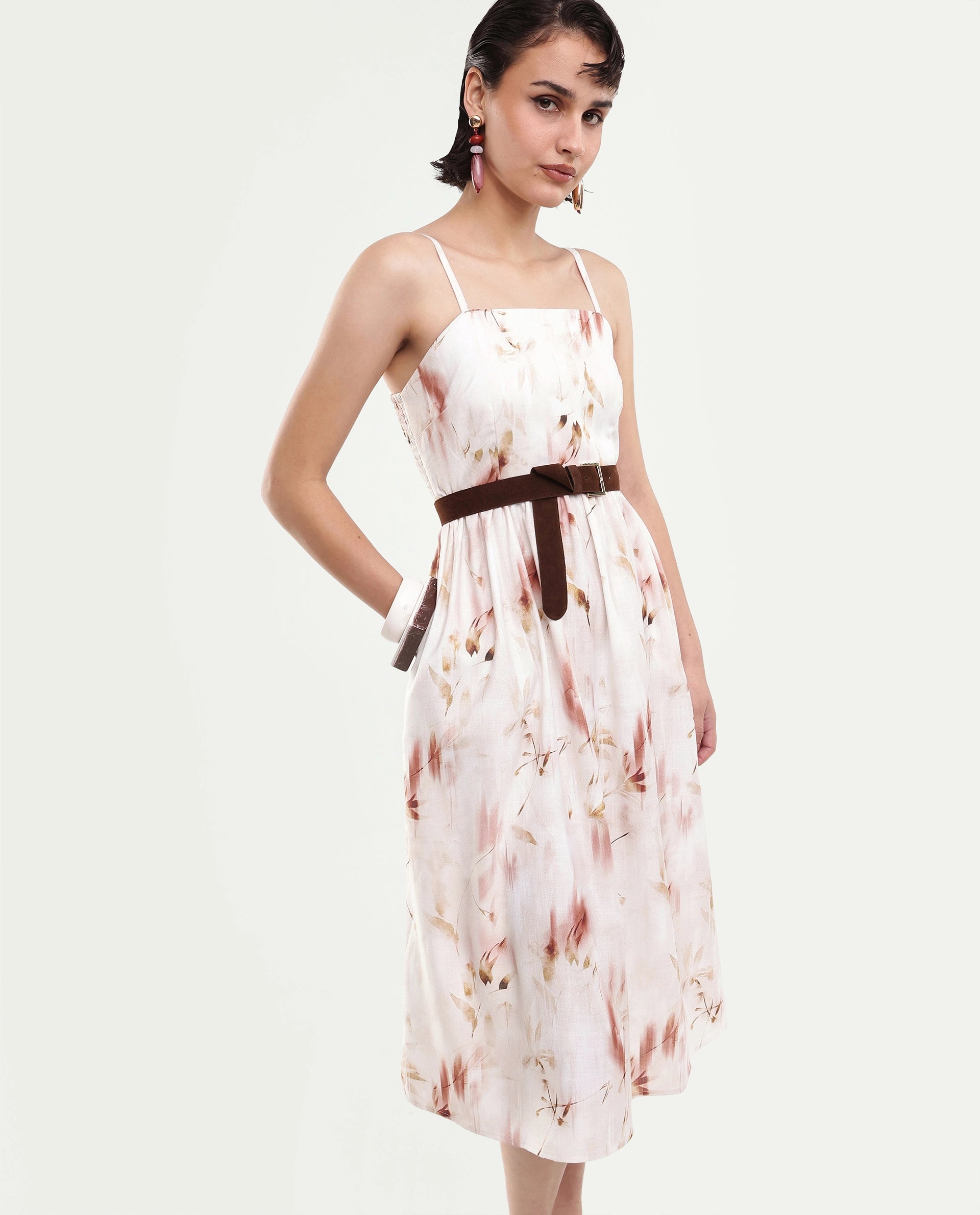 Rareism Women's Satix Beige Abstract Polyester Fit And Flare Sleeveless Dress