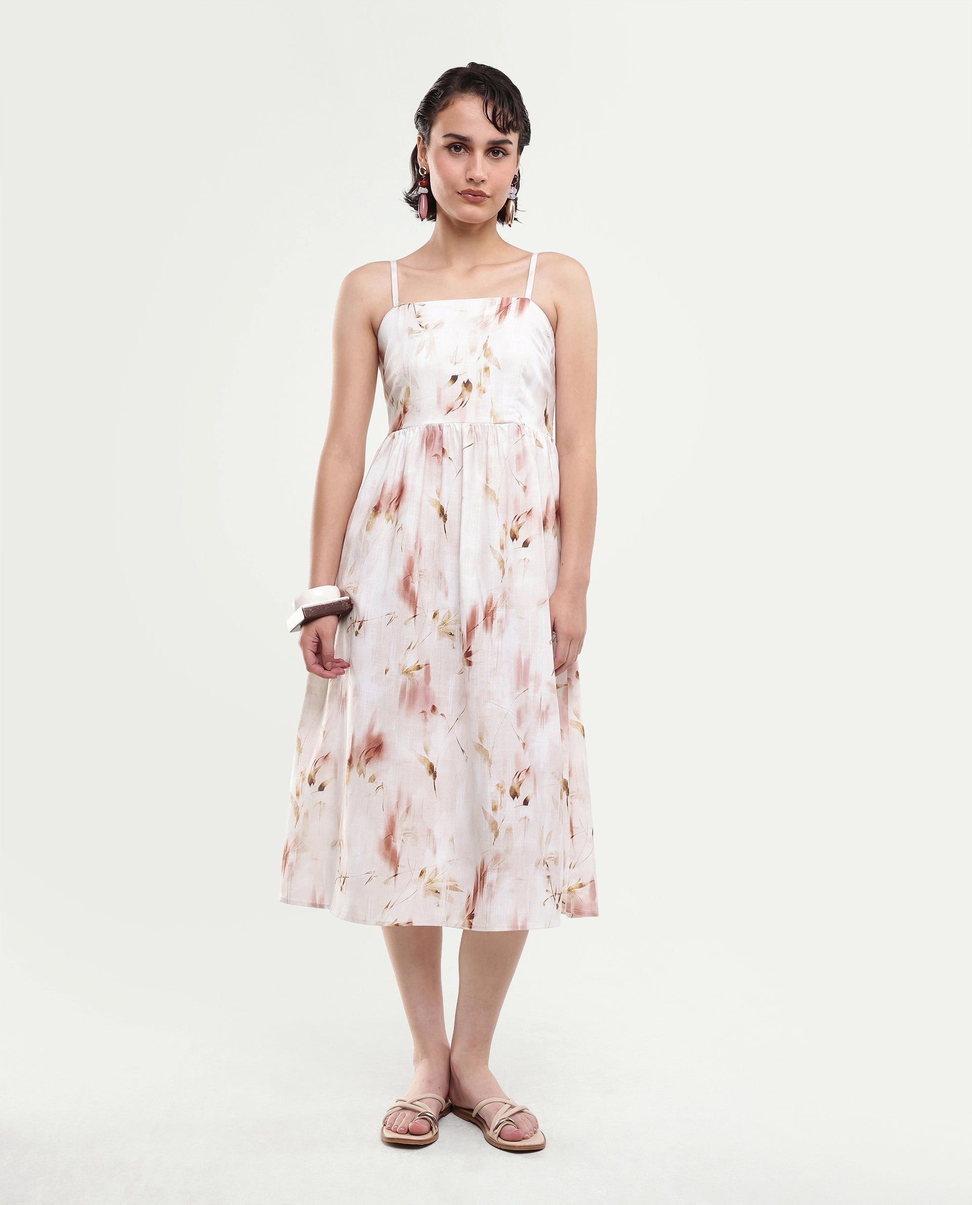 Rareism Women's Satix Beige Abstract Polyester Fit And Flare Sleeveless Dress