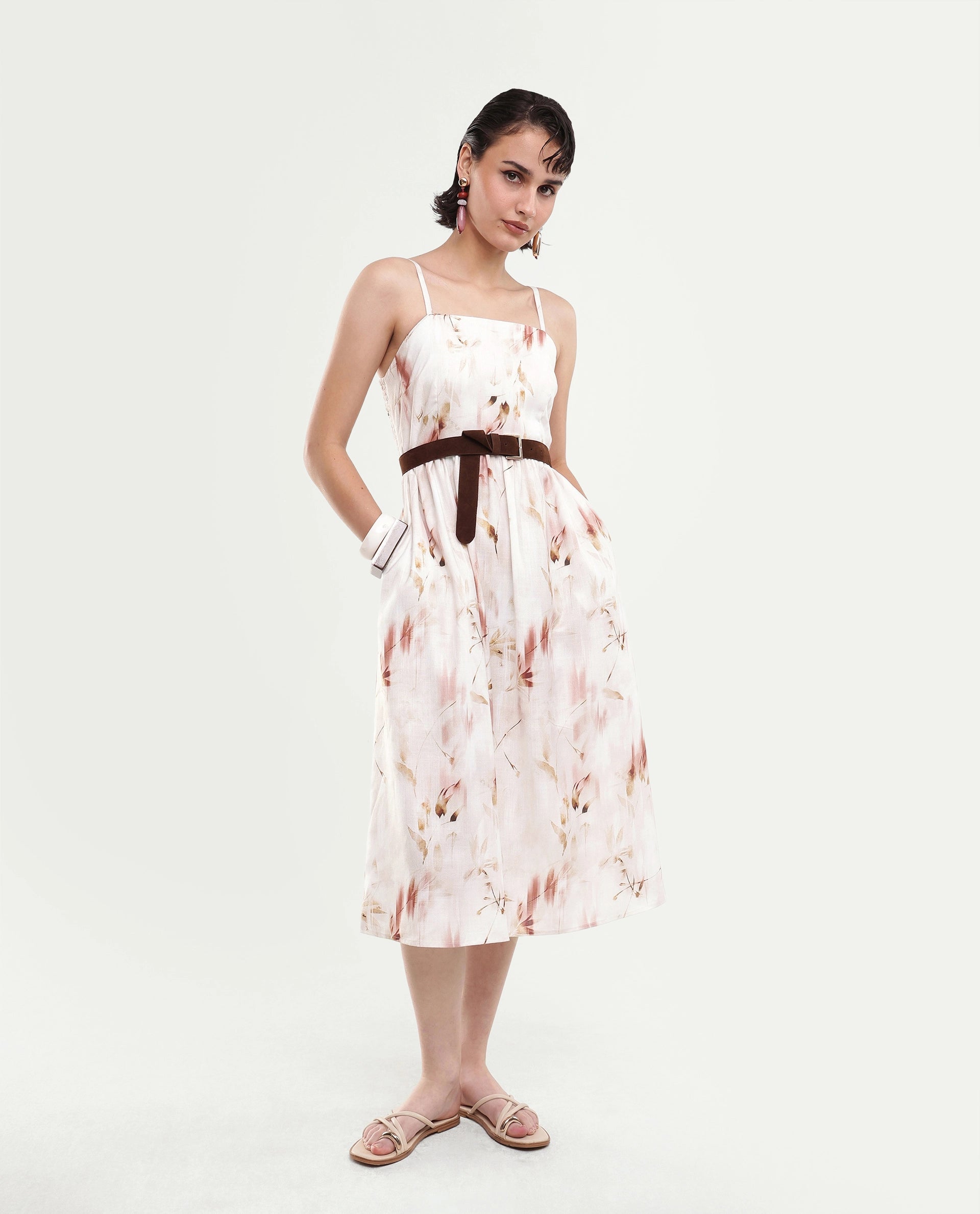 Rareism Women's Satix Beige Abstract Polyester Fit And Flare Sleeveless Dress