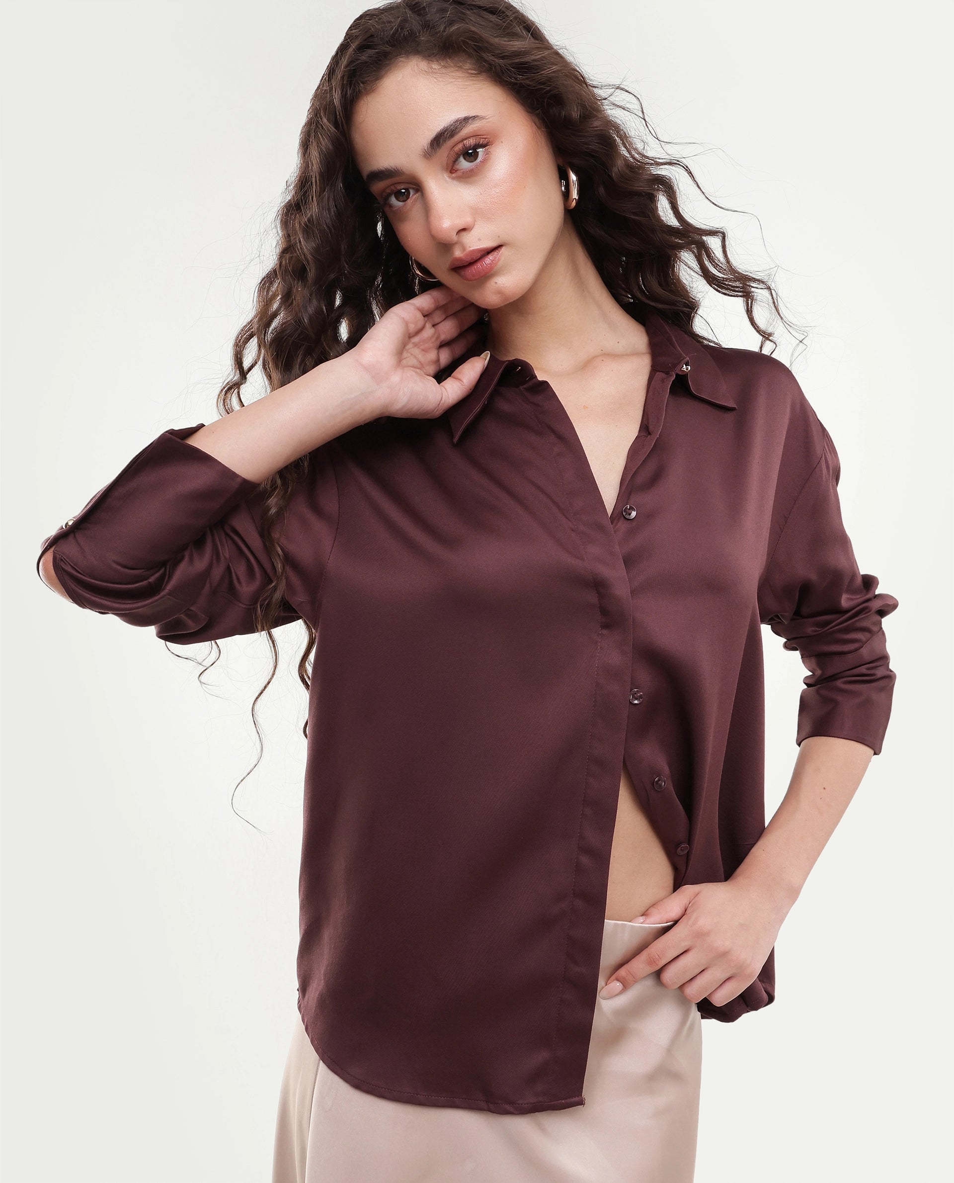 Rareism Women's Yorlen Brown Plain Viscose Regular Long Sleeves Shirt