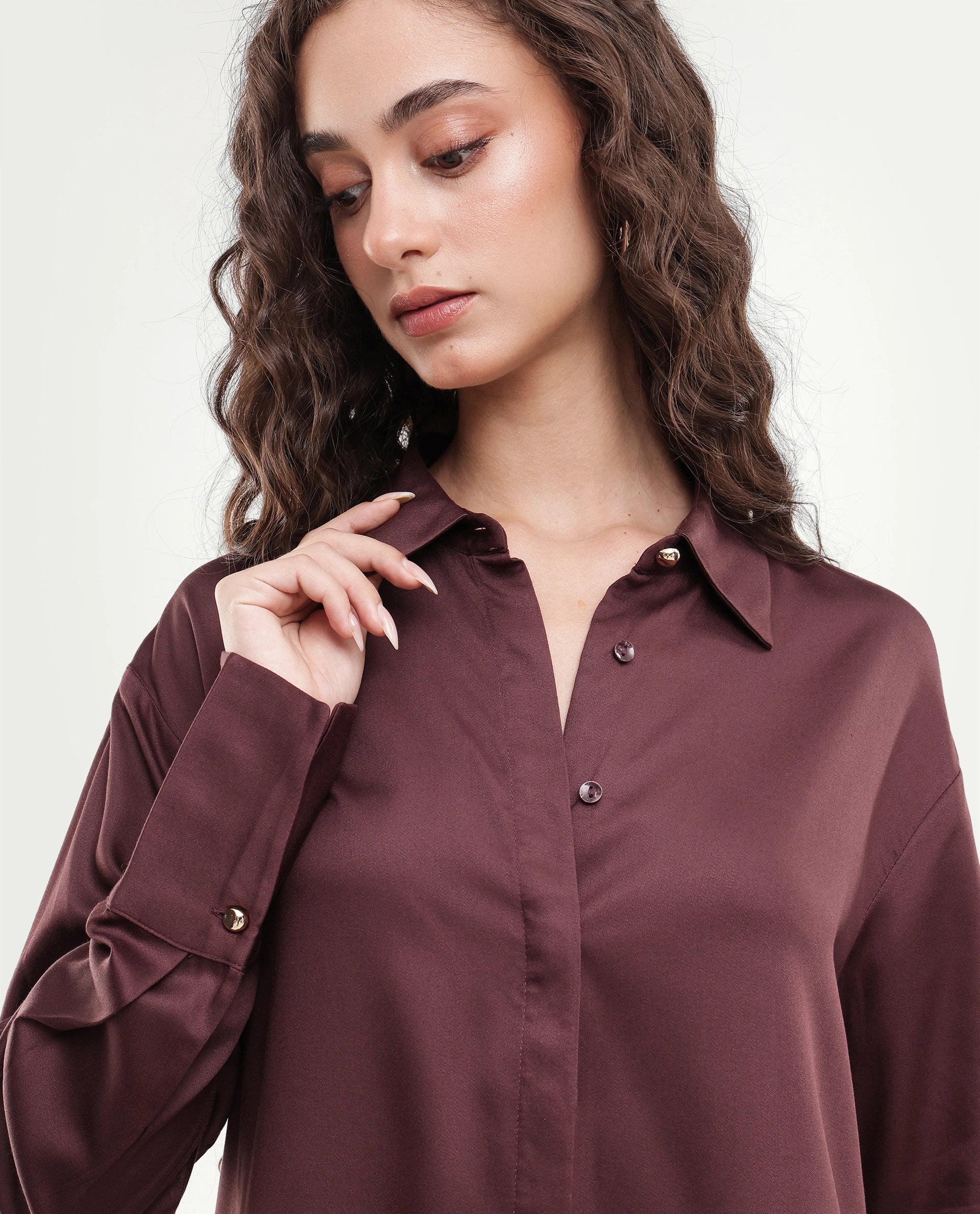 Rareism Women's Yorlen Brown Plain Viscose Regular Long Sleeves Shirt