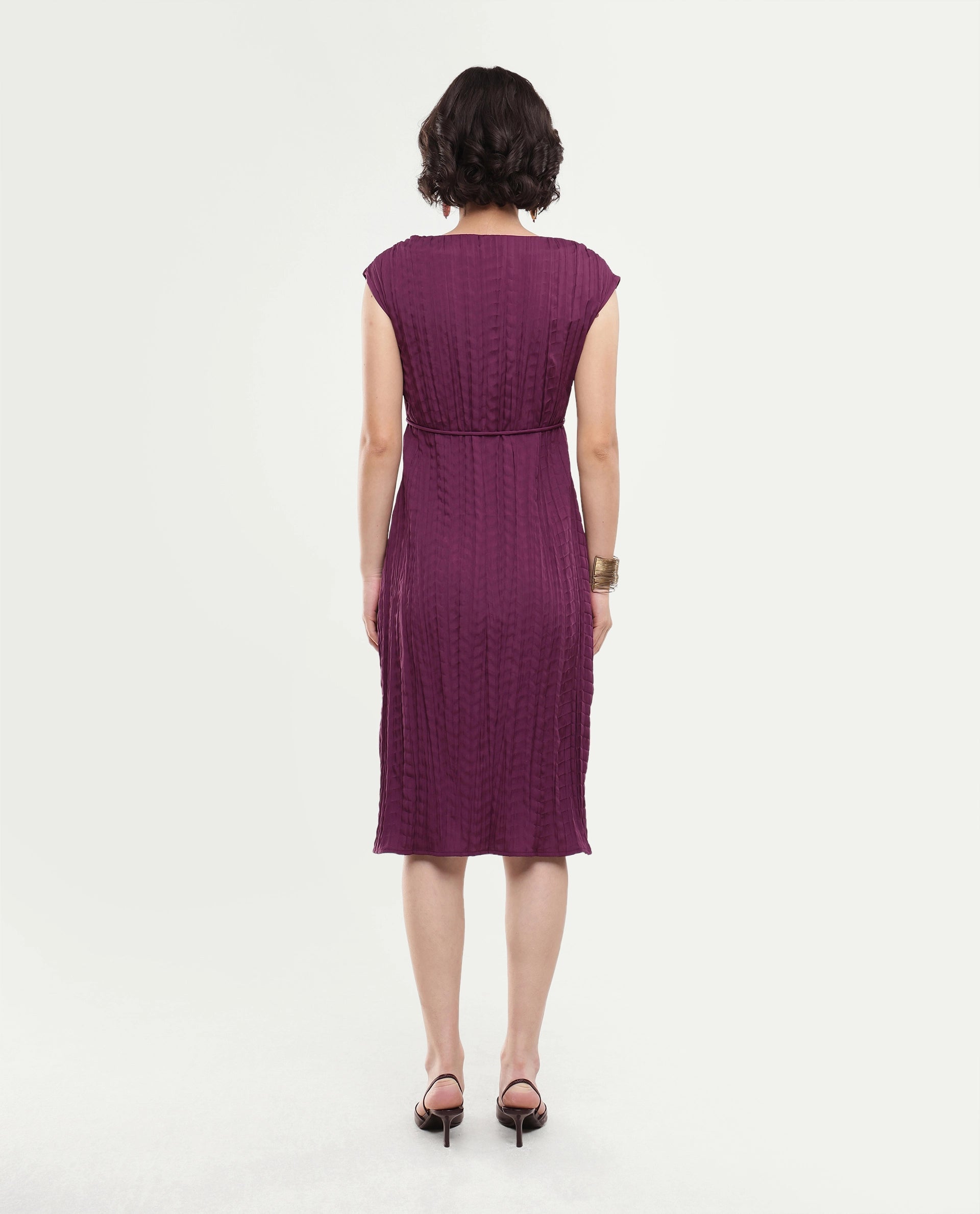 Rareism Women's Sacon Dusky Purple Textured Polyester Regular Fit Short Sleeve Dress