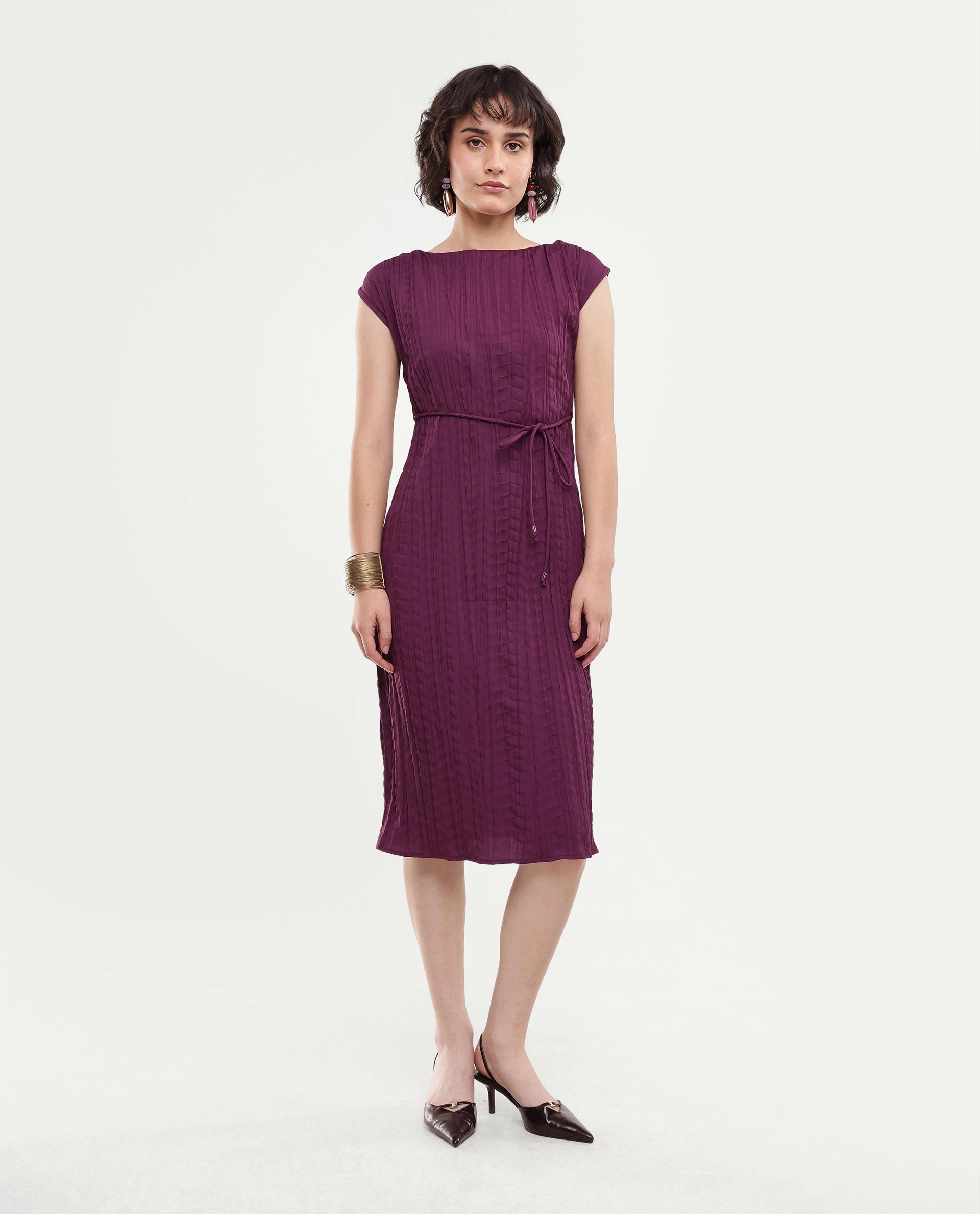 Rareism Women's Sacon Dusky Purple Textured Polyester Regular Fit Short Sleeve Dress