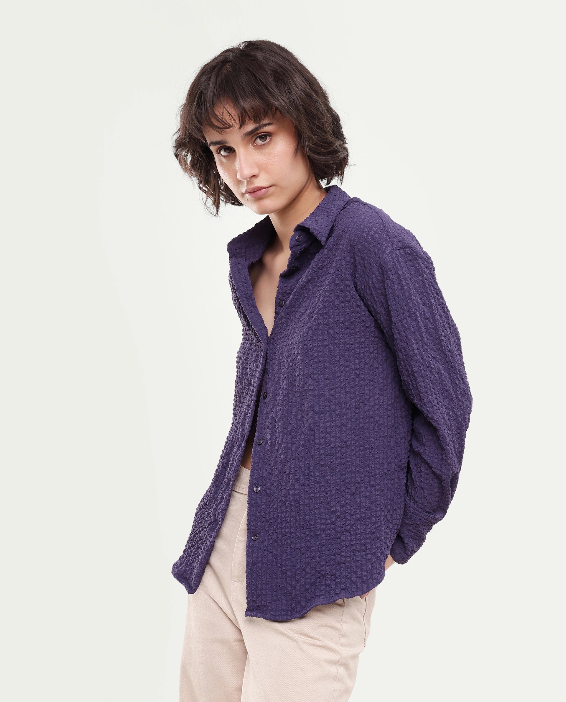 Rareism Women's Soda Purple Polyester Blend Button Relaxed Fit Shirt