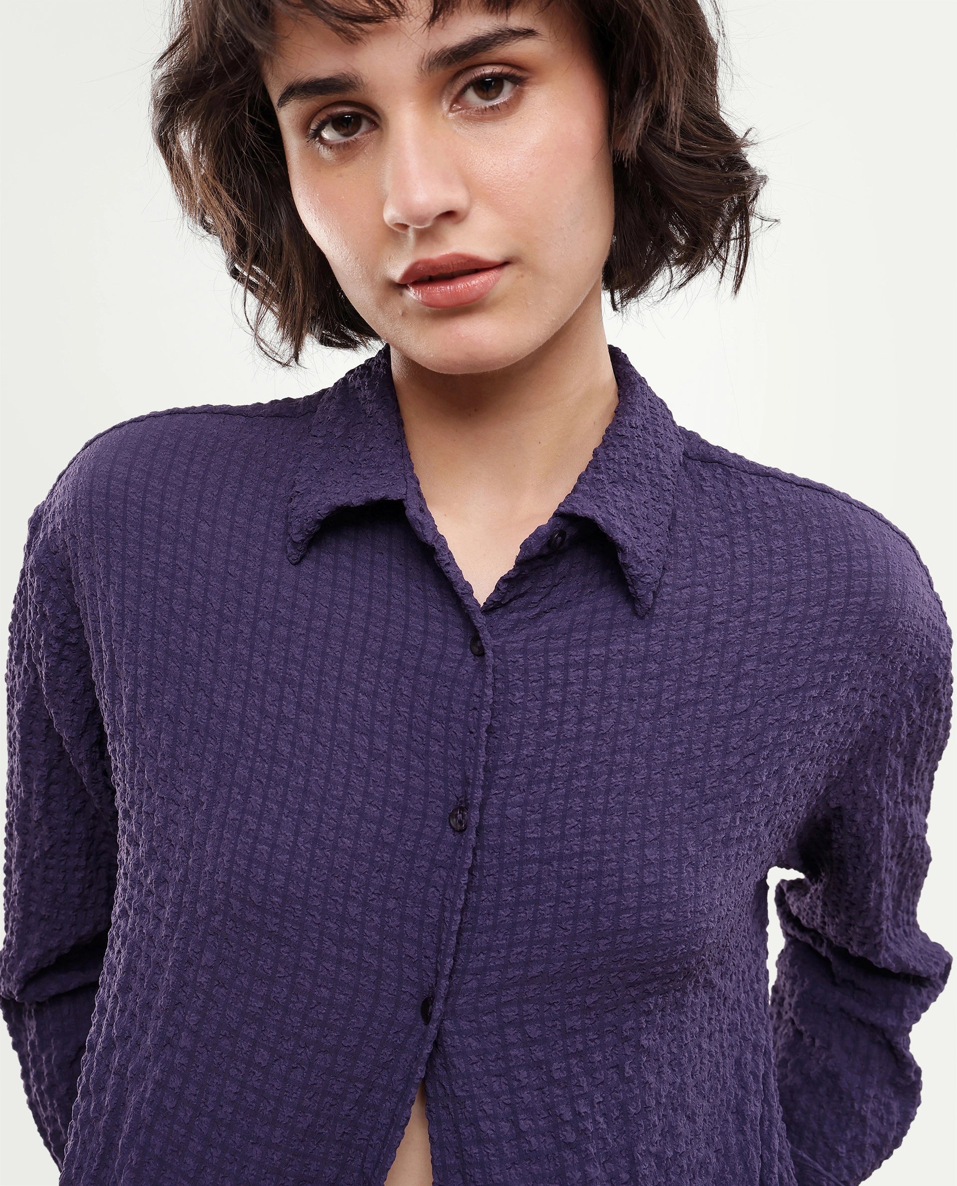 Rareism Women's Soda Purple Polyester Blend Button Relaxed Fit Shirt