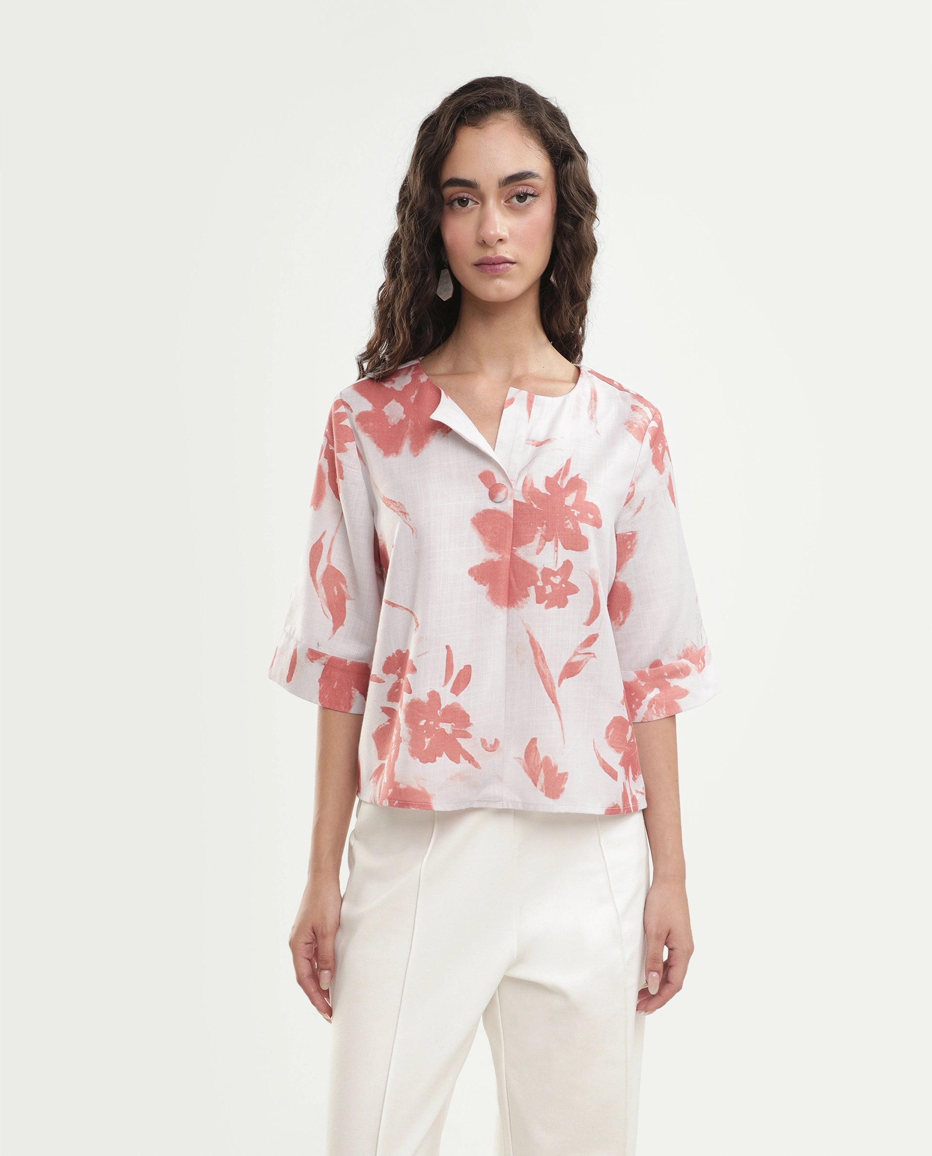 Rareism Women's Slana Beige Polyester Button Regular Fit Floral Print Top