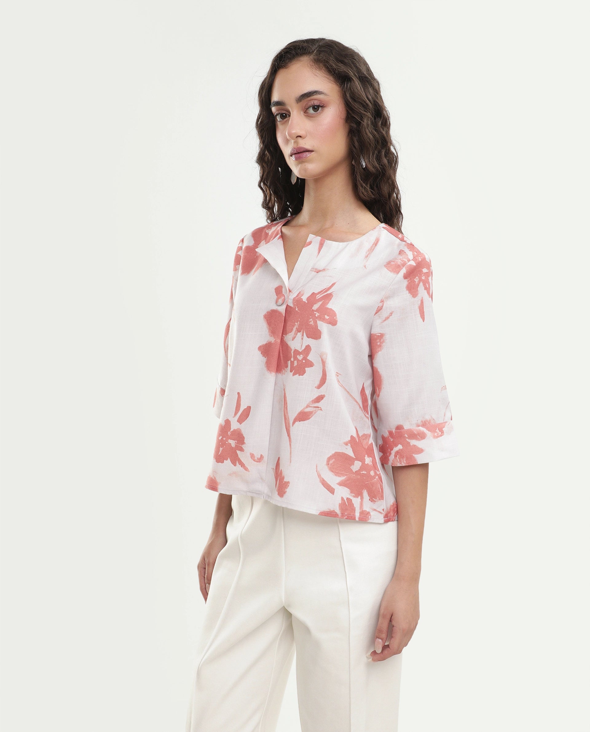Rareism Women's Slana Beige Polyester Button Regular Fit Floral Print Top