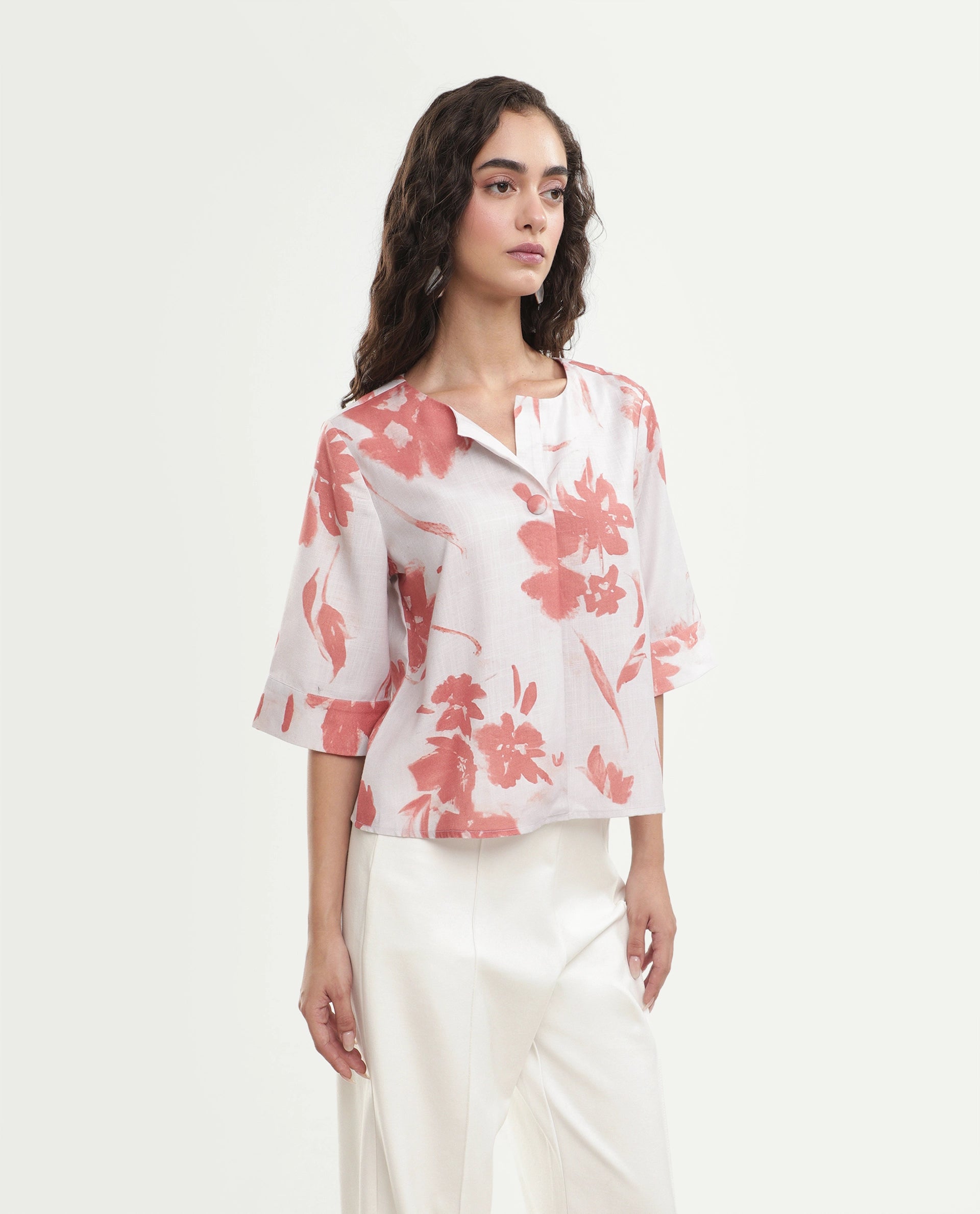 Rareism Women's Slana Beige Polyester Button Regular Fit Floral Print Top