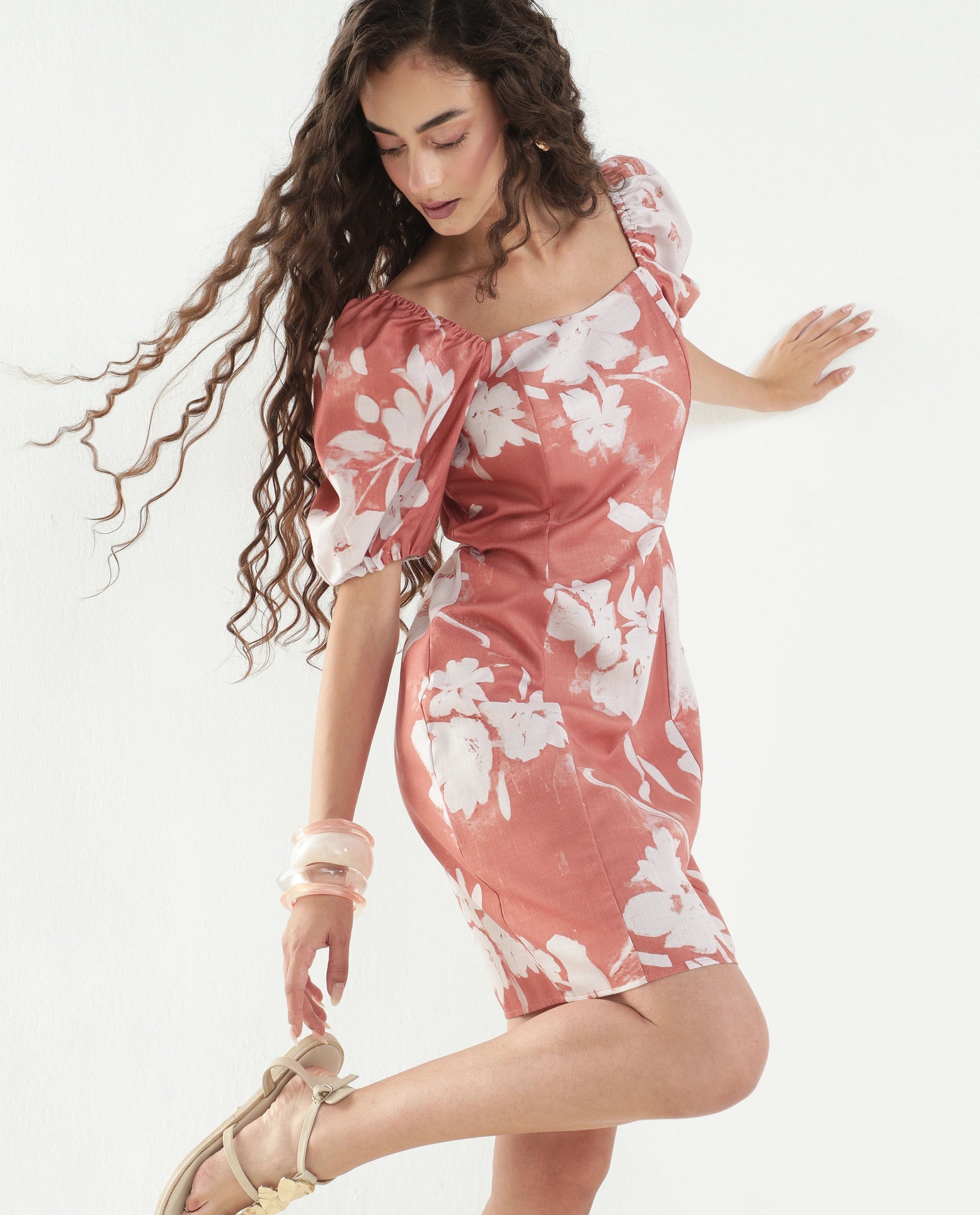 Rareism Women's Stefin Dusky Orange Polyester Button And Zip Fitted Floral Print Dress