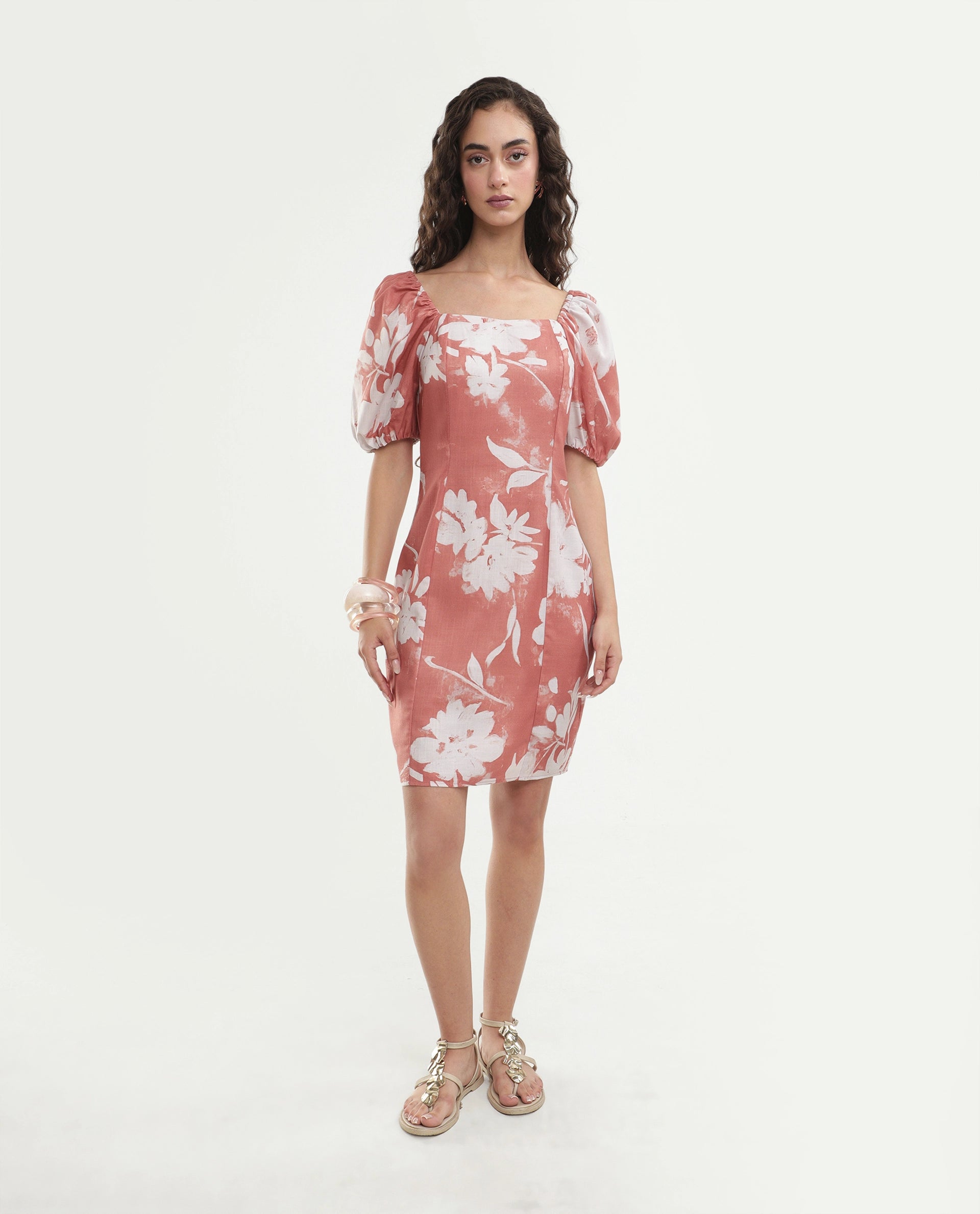 Rareism Women's Stefin Dusky Orange Polyester Button And Zip Fitted Floral Print Dress