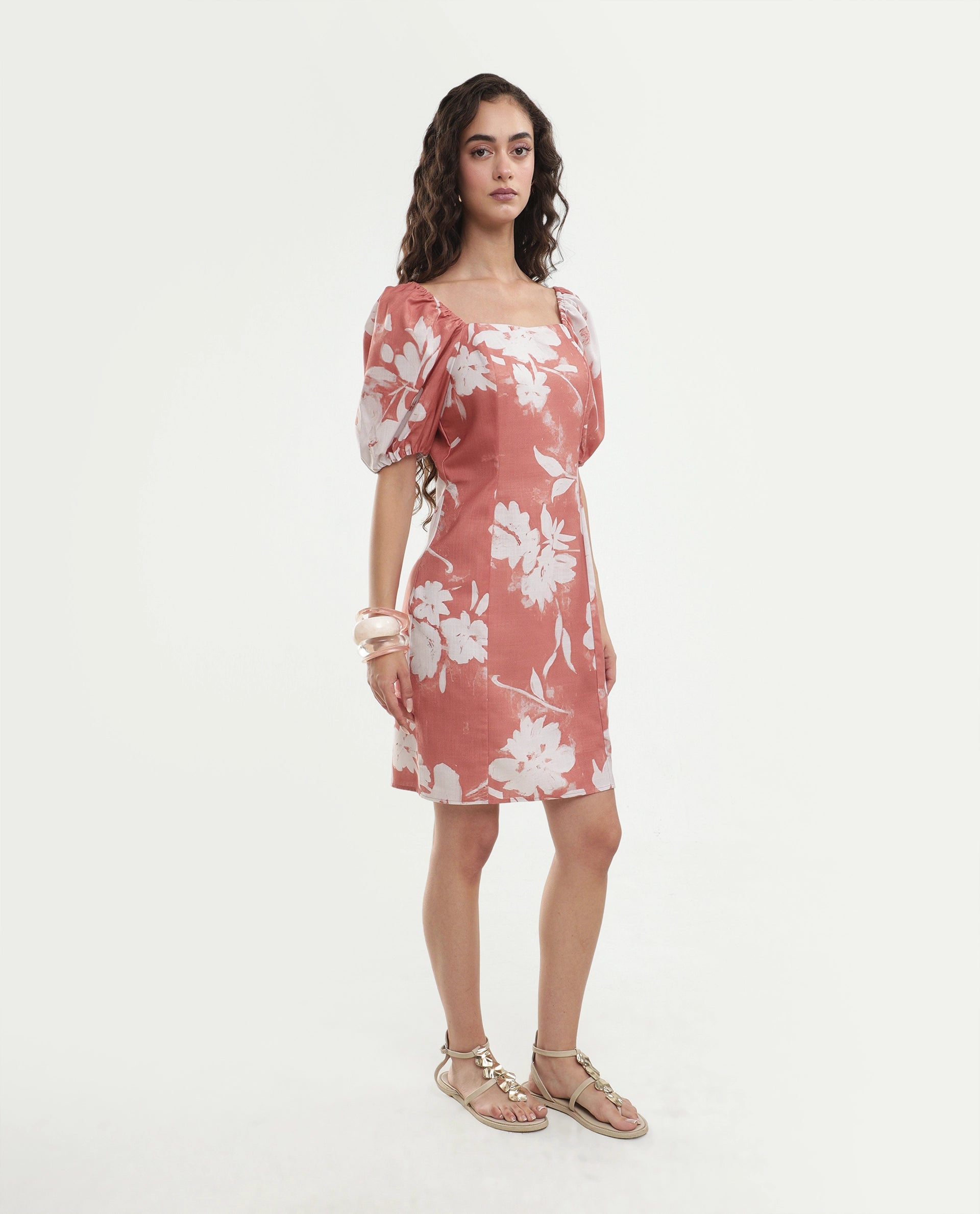 Rareism Women's Stefin Dusky Orange Polyester Button And Zip Fitted Floral Print Dress