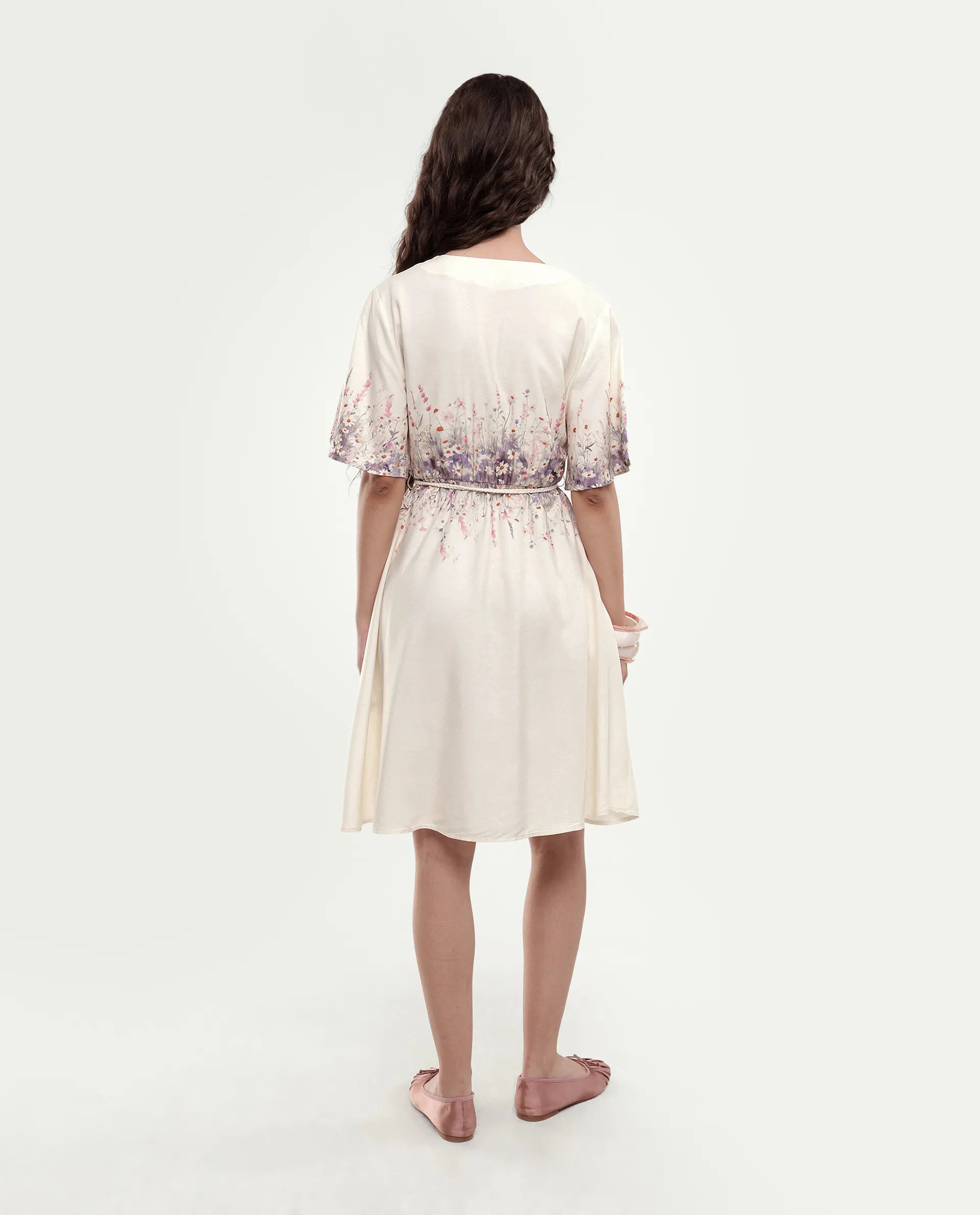 Rareism Women's Sung Beige Viscose Pull-On Fit And Flare Floral Print Dress