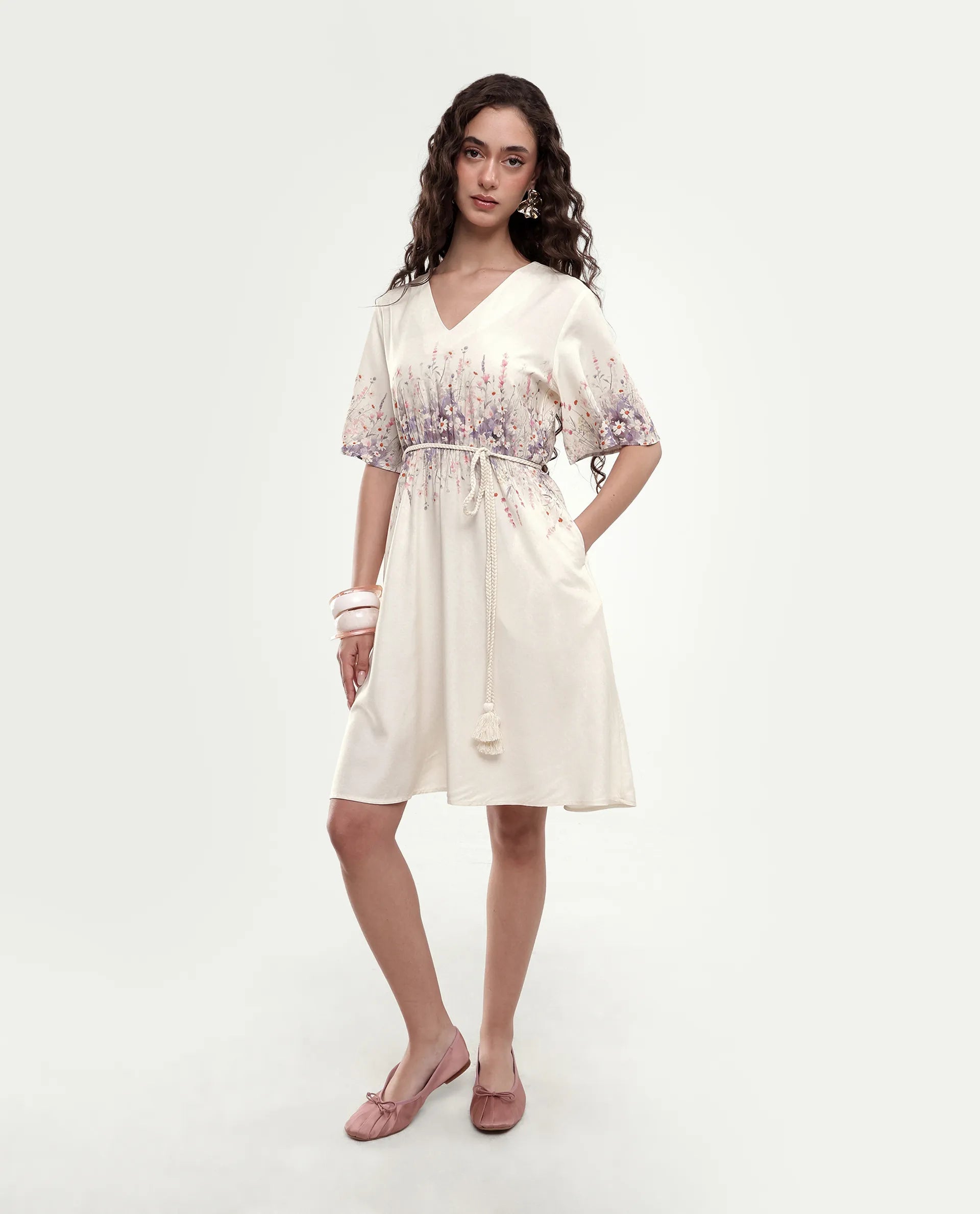 Rareism Women's Sung Beige Viscose Pull-On Fit And Flare Floral Print Dress
