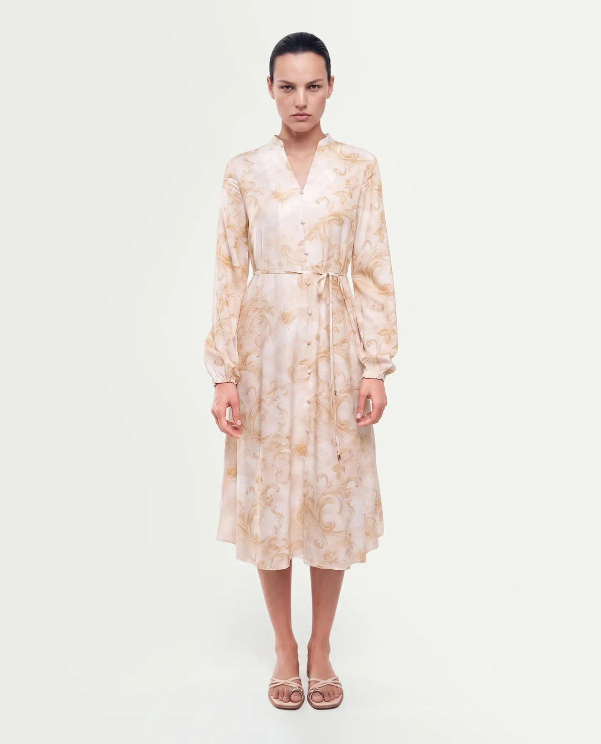 Rareism Women's Stubby Beige Viscose Pull-On A-Line Printed Shirt Dress