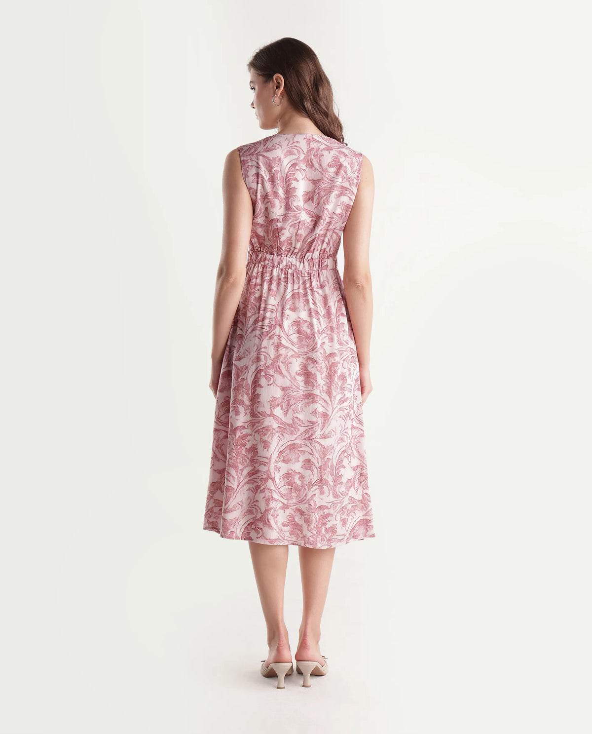 Rareism Women's Silmos Dusky Pink Viscose Button A-Line Printed Dress