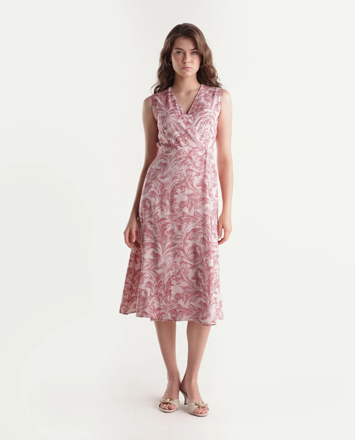 Rareism Women's Silmos Dusky Pink Viscose Button A-Line Printed Dress