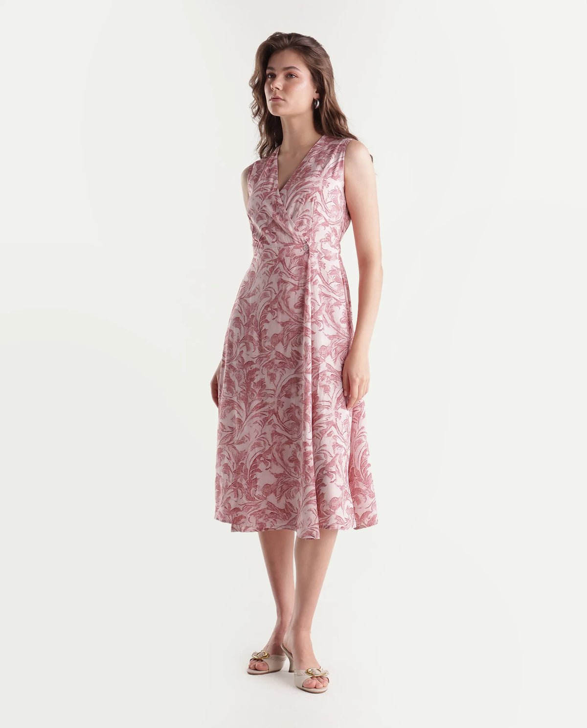 Rareism Women's Silmos Dusky Pink Viscose Button A-Line Printed Dress