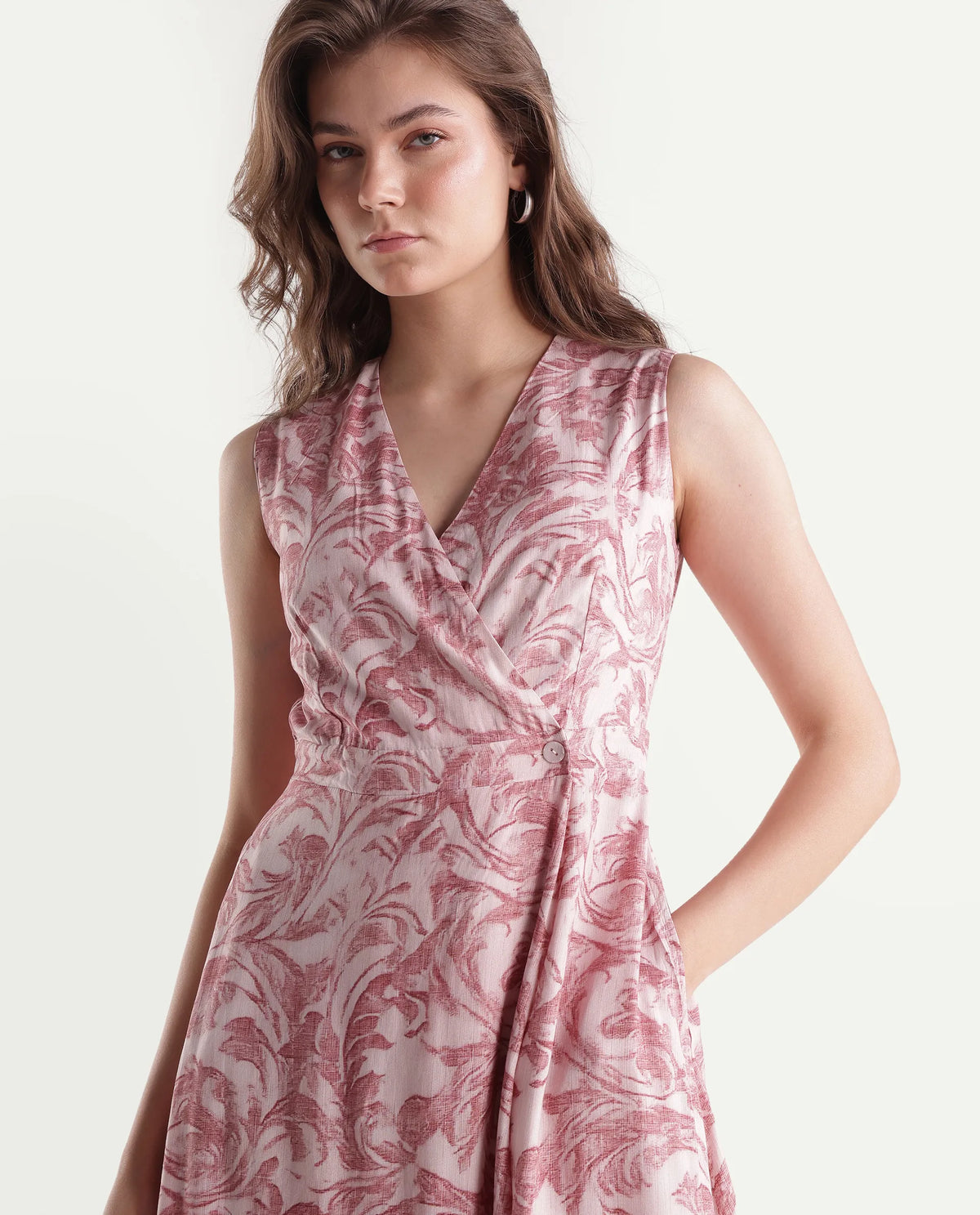 Rareism Women's Silmos Dusky Pink Viscose Button A-Line Printed Dress