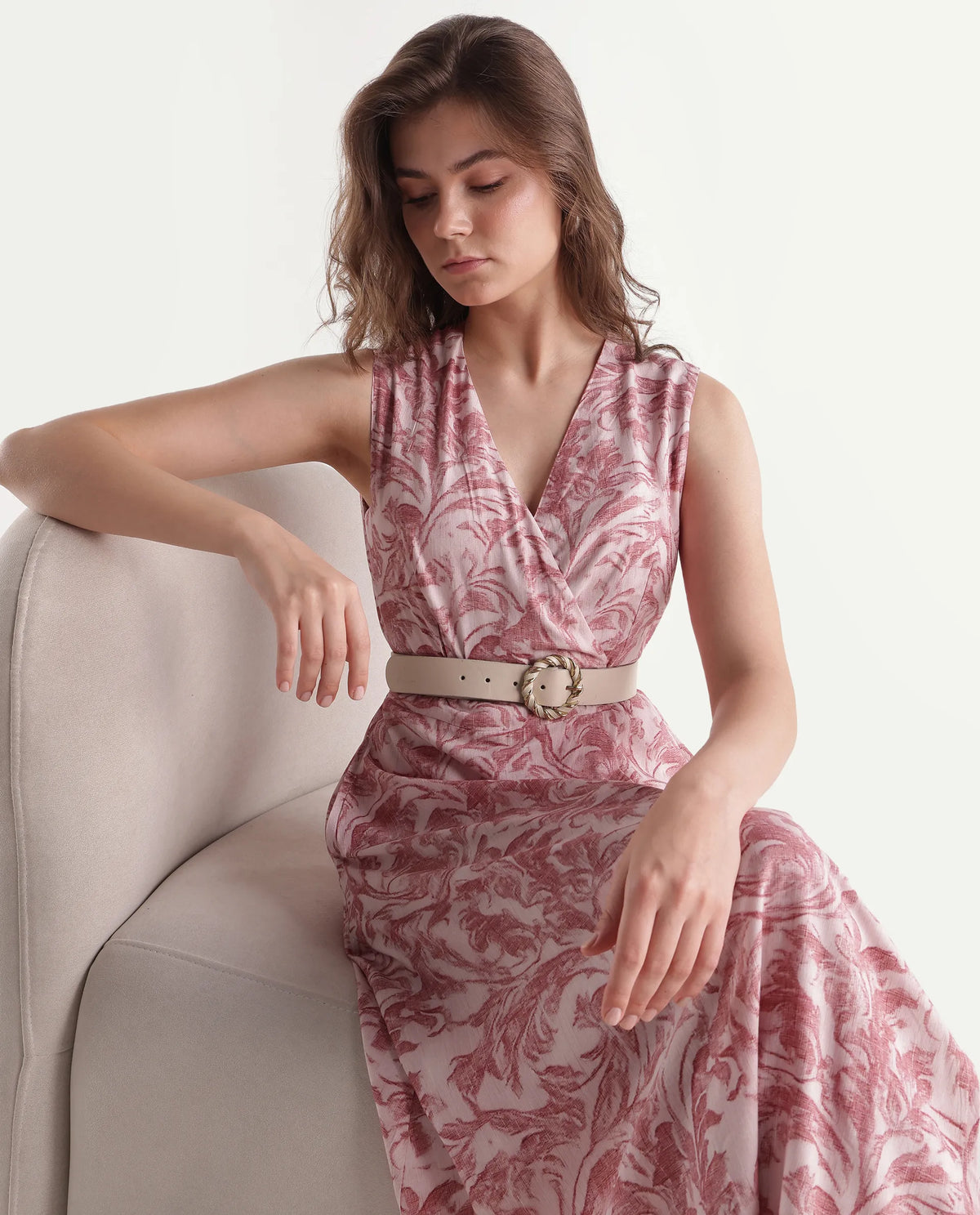 Rareism Women's Silmos Dusky Pink Viscose Button A-Line Printed Dress