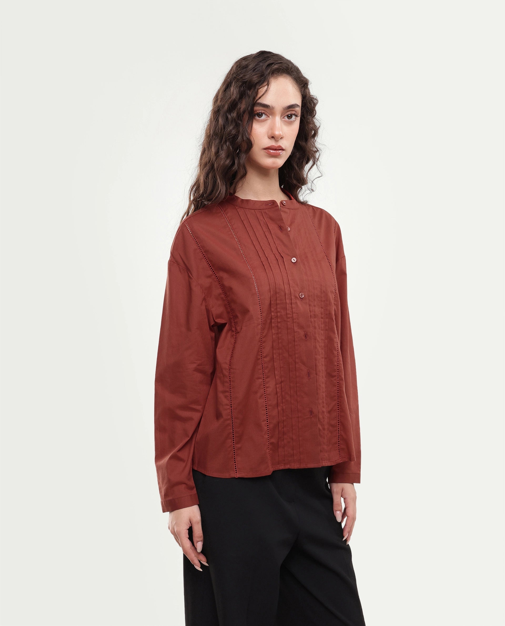 Rareism Women's Otun Rust Plain Cotton Regular Fit Full Sleeve Top