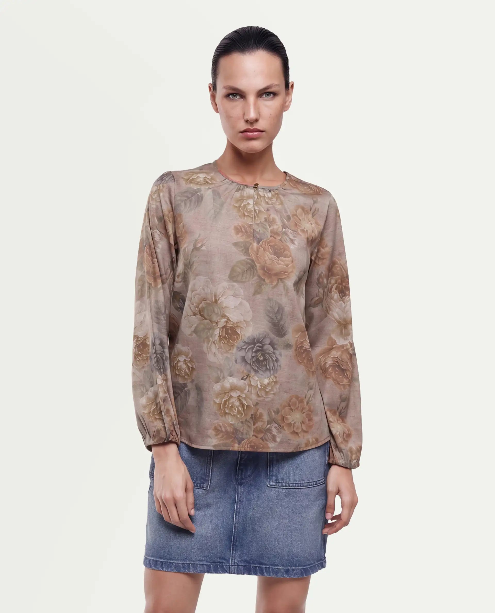 Rareism Women's Odinit Dusky Beige Cotton Blend Button Regular Fit Floral Print Top