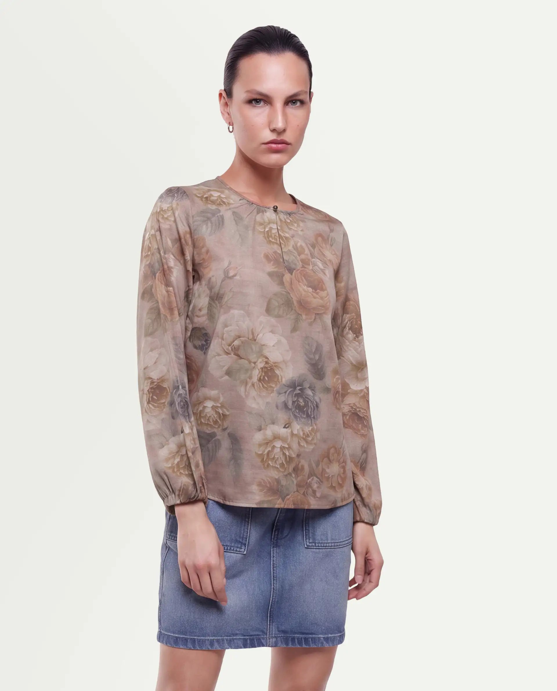 Rareism Women's Odinit Dusky Beige Cotton Blend Button Regular Fit Floral Print Top