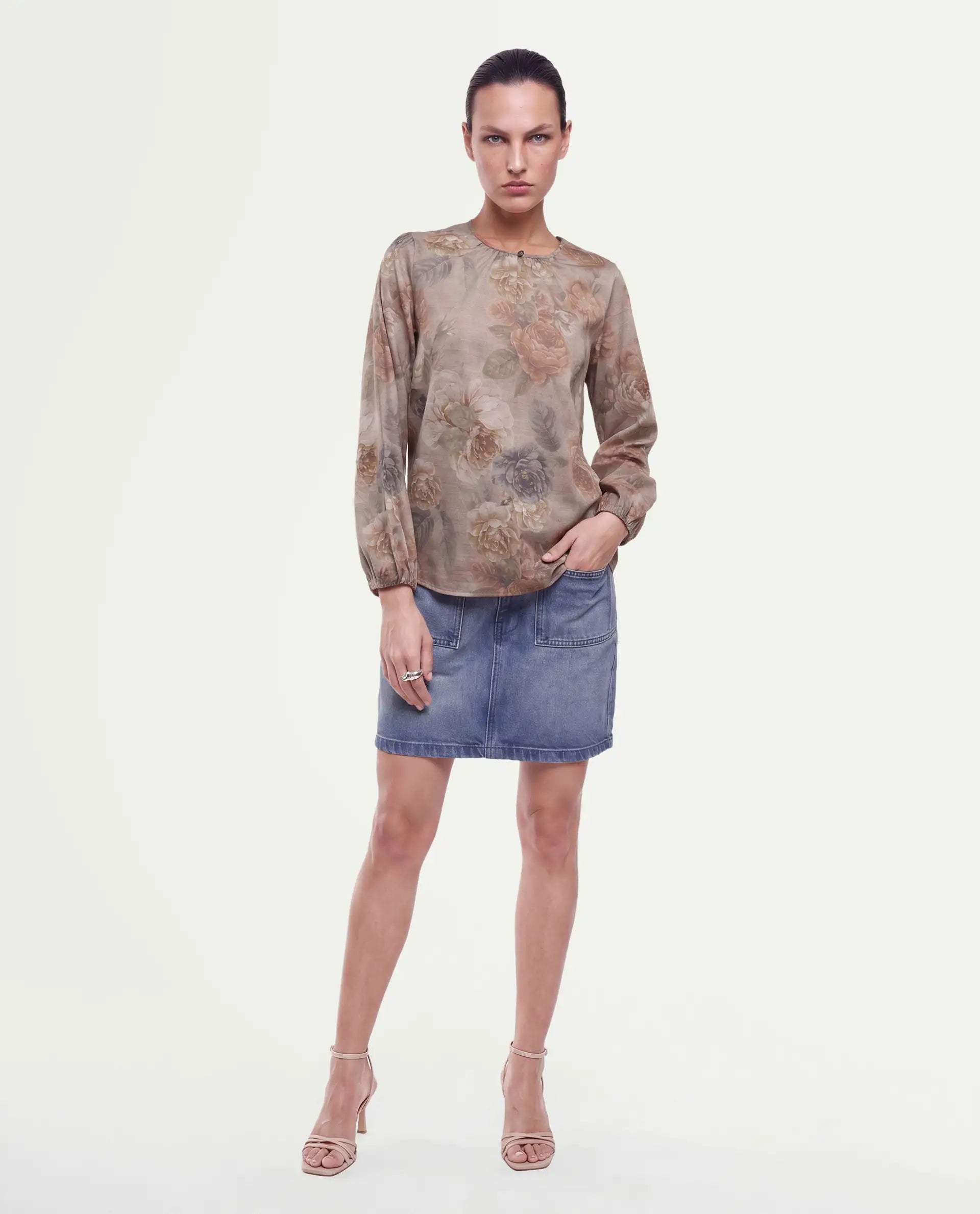 Rareism Women's Odinit Dusky Beige Cotton Blend Button Regular Fit Floral Print Top