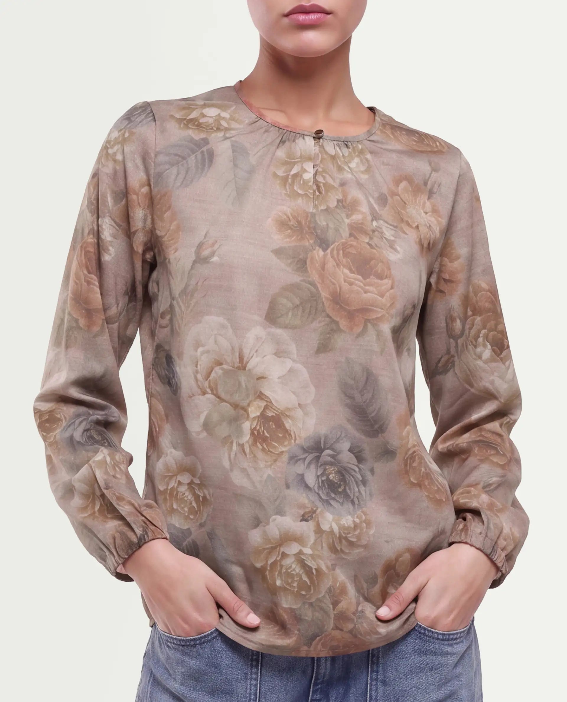 Rareism Women's Odinit Dusky Beige Cotton Blend Button Regular Fit Floral Print Top