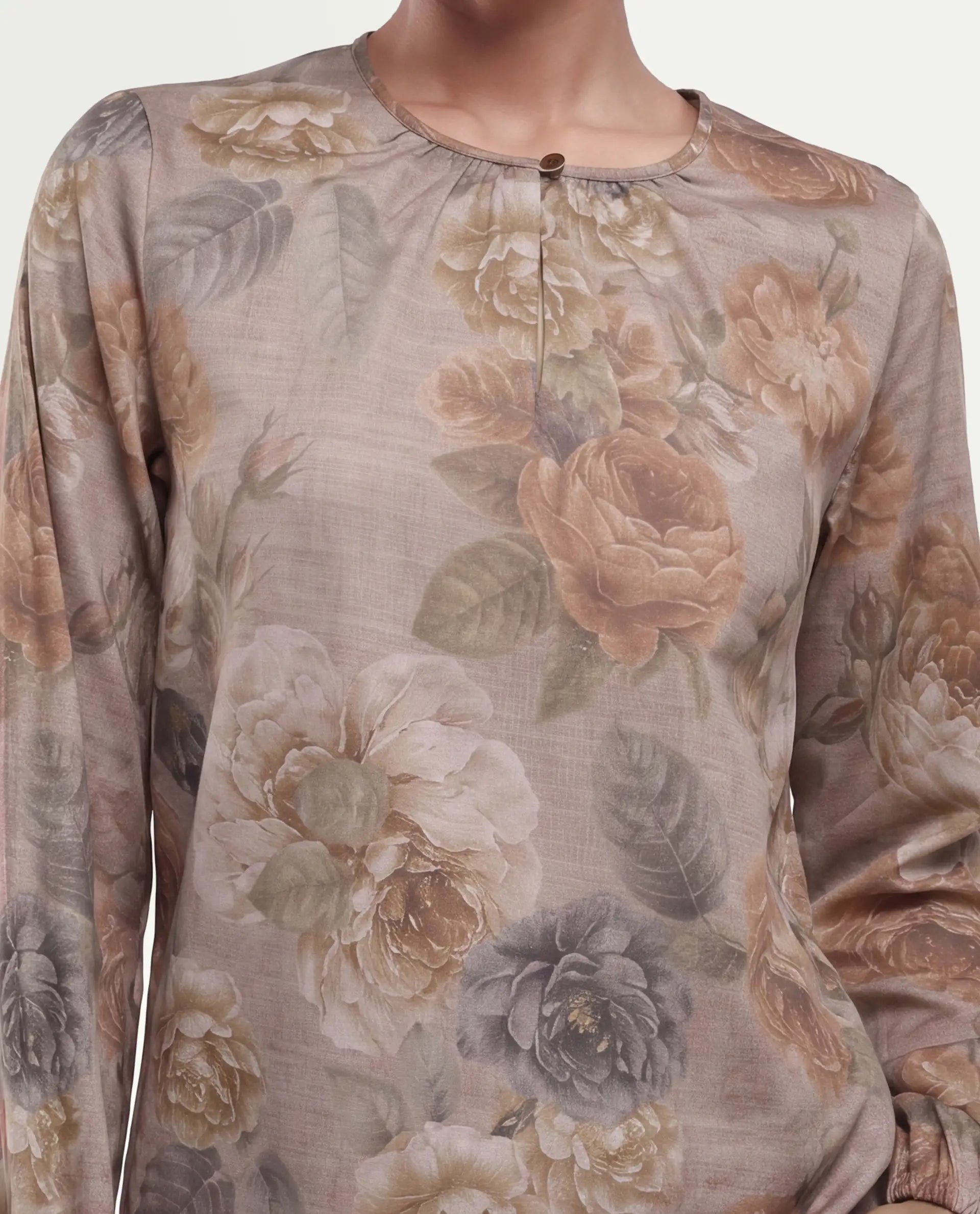 Rareism Women's Odinit Dusky Beige Cotton Blend Button Regular Fit Floral Print Top