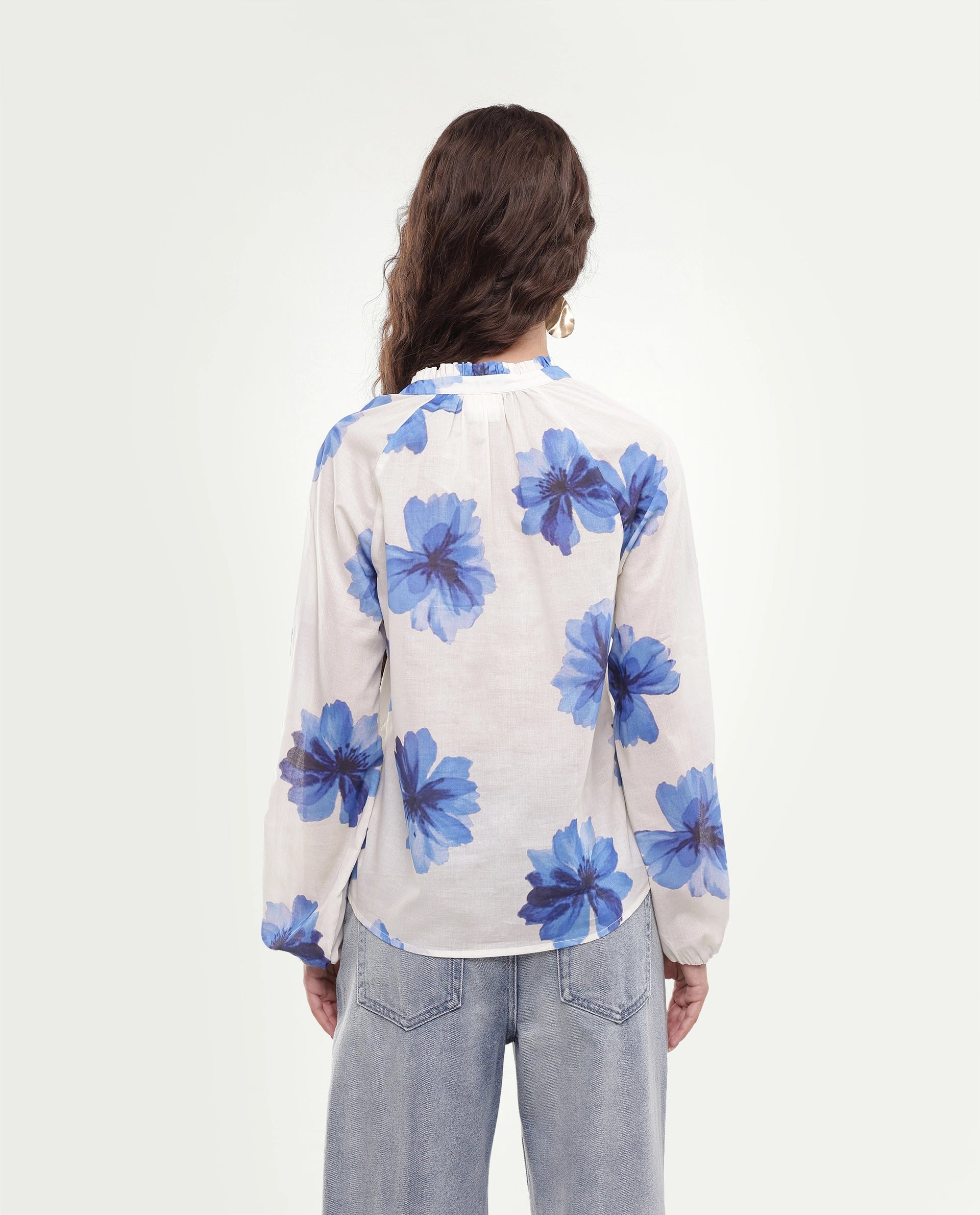 Rareism Women's Olar Off White Floral Cotton Regular Long Sleeves Top