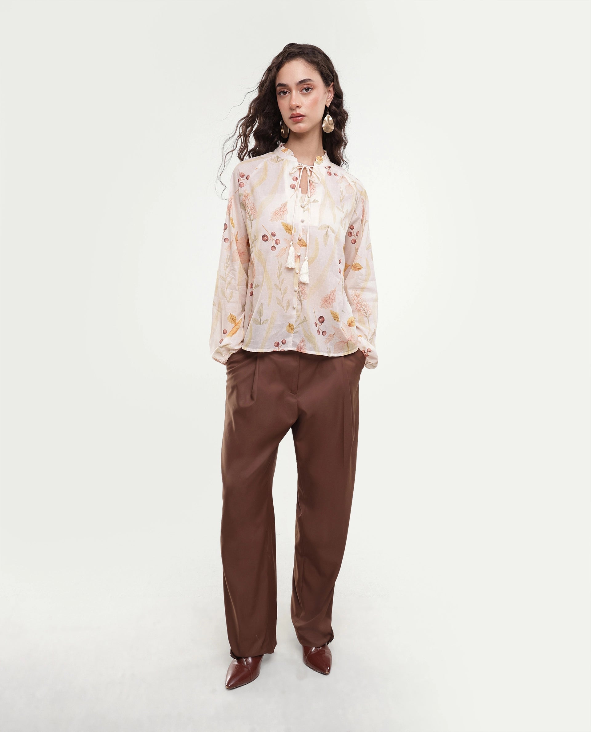 Rareism Women's Olaro Off White Floral Cotton Regular Fit Full Sleeve Top