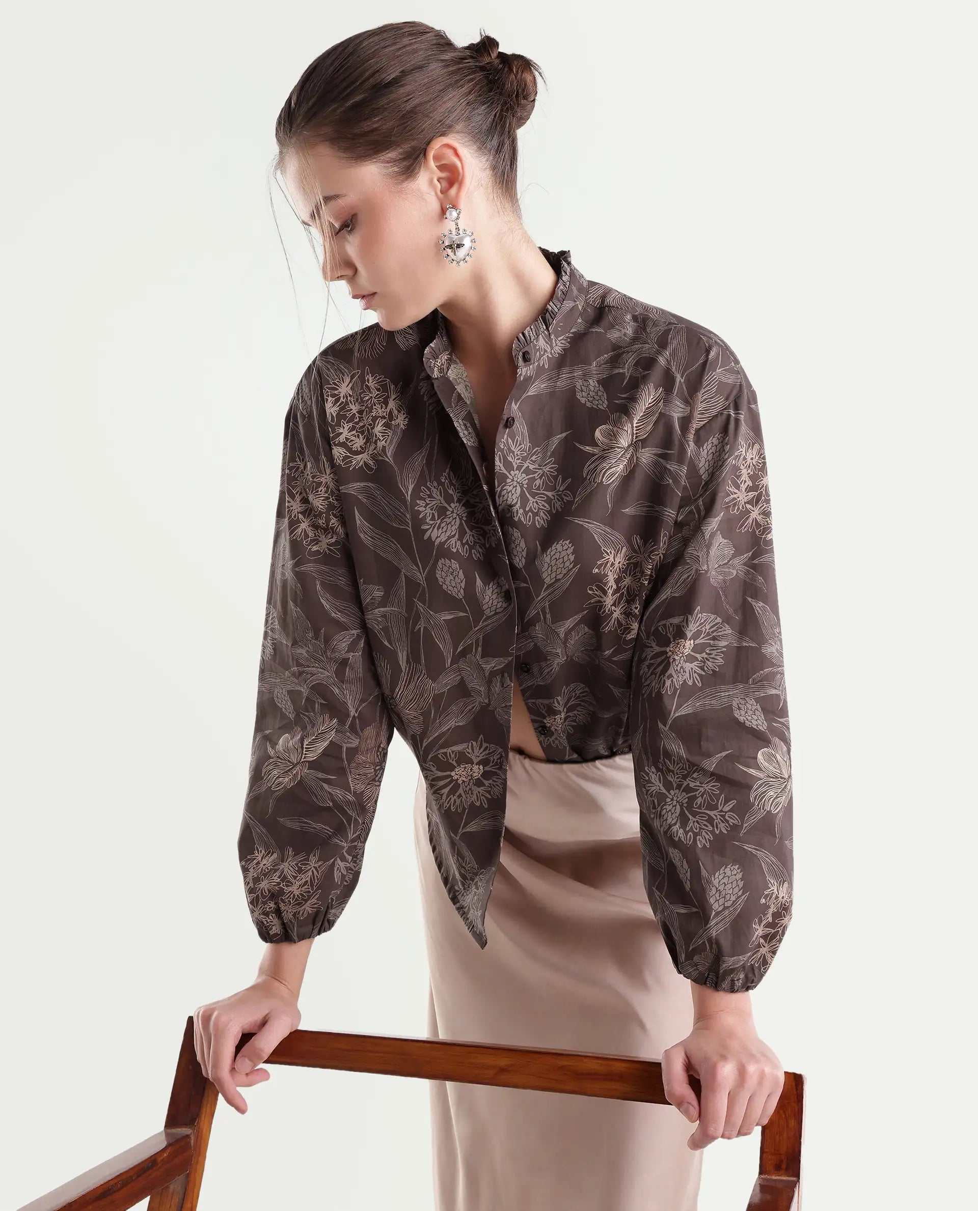Rareism Women's Overon Dark Brown Cotton Button Regular Fit Floral Print Top