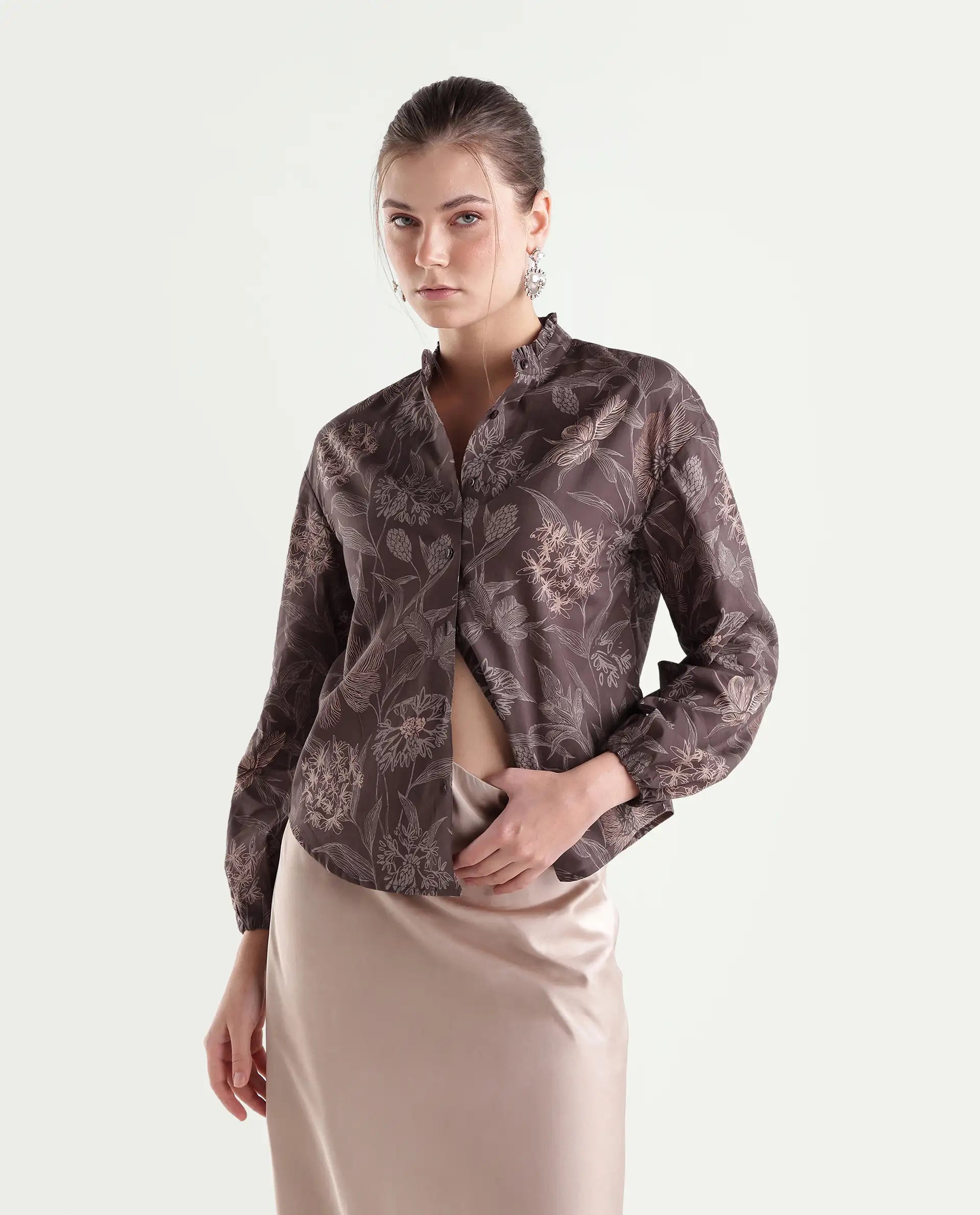 Rareism Women's Overon Dark Brown Cotton Button Regular Fit Floral Print Top
