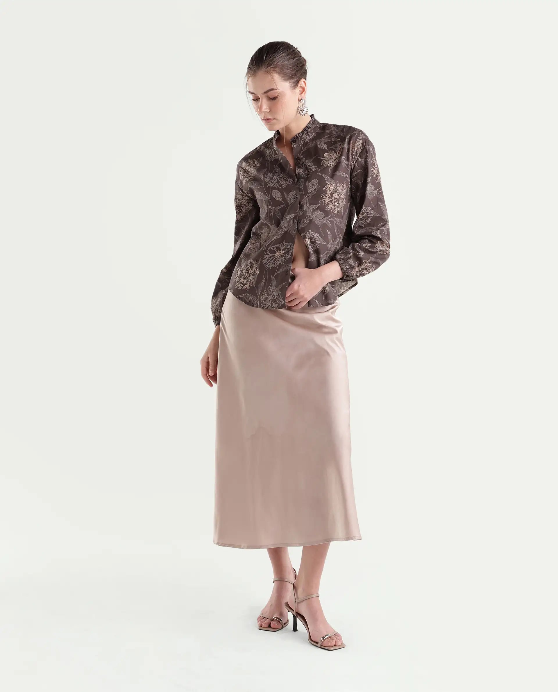 Rareism Women's Overon Dark Brown Cotton Button Regular Fit Floral Print Top