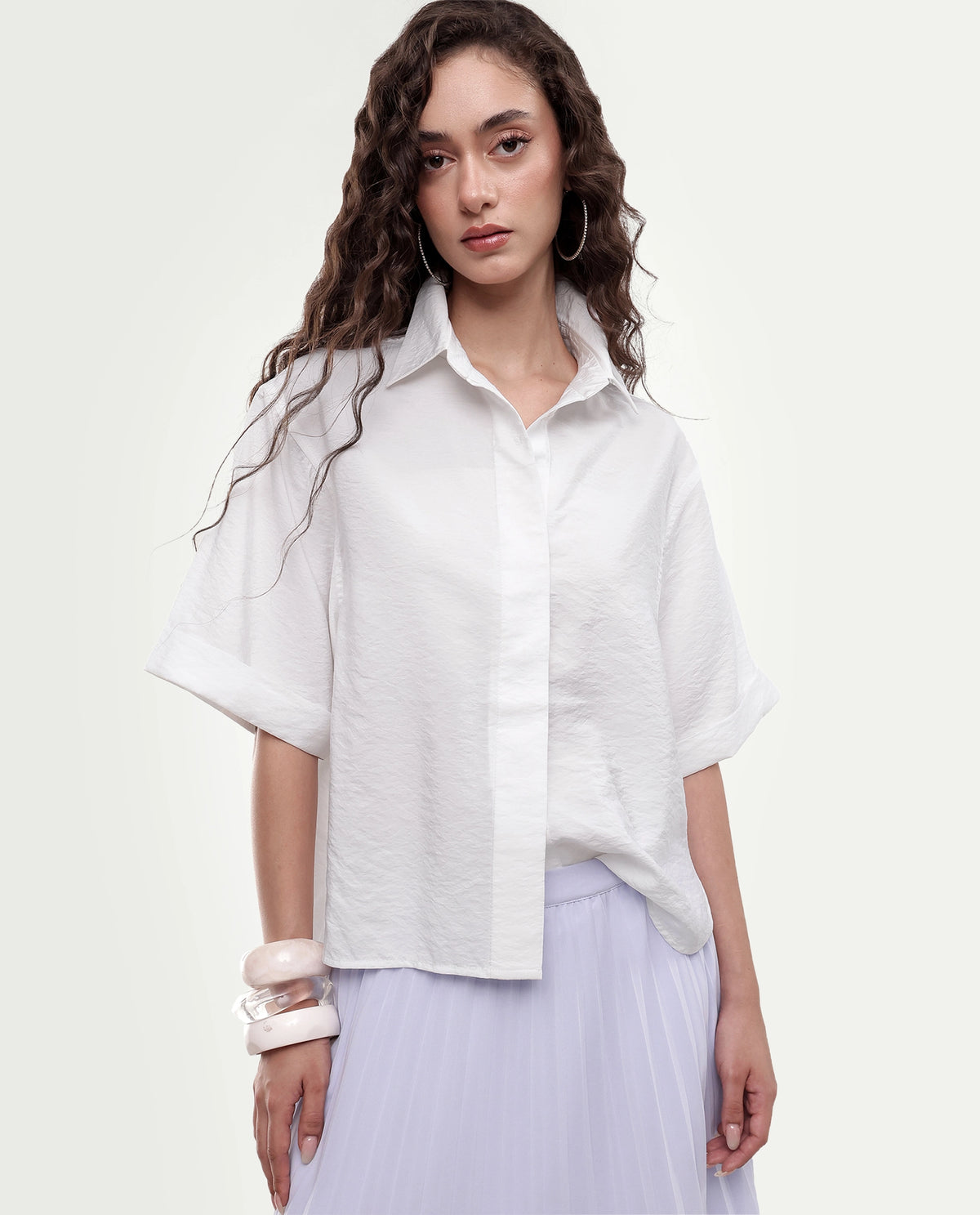 Rareism Women's Obin Primary White Viscose Blend Spread Collar Boxy Plain Shirt