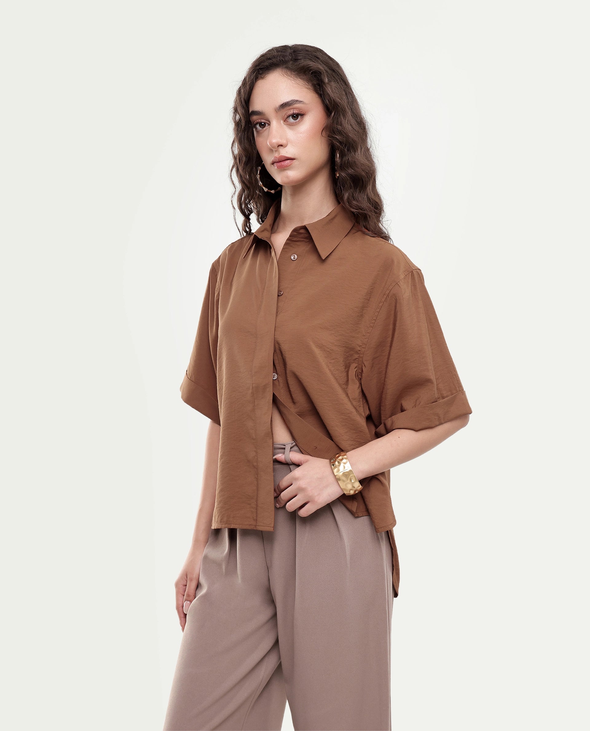 Rareism Women's Obin Primary Mustard Viscose Blend Spread Collar Boxy Plain Shirt