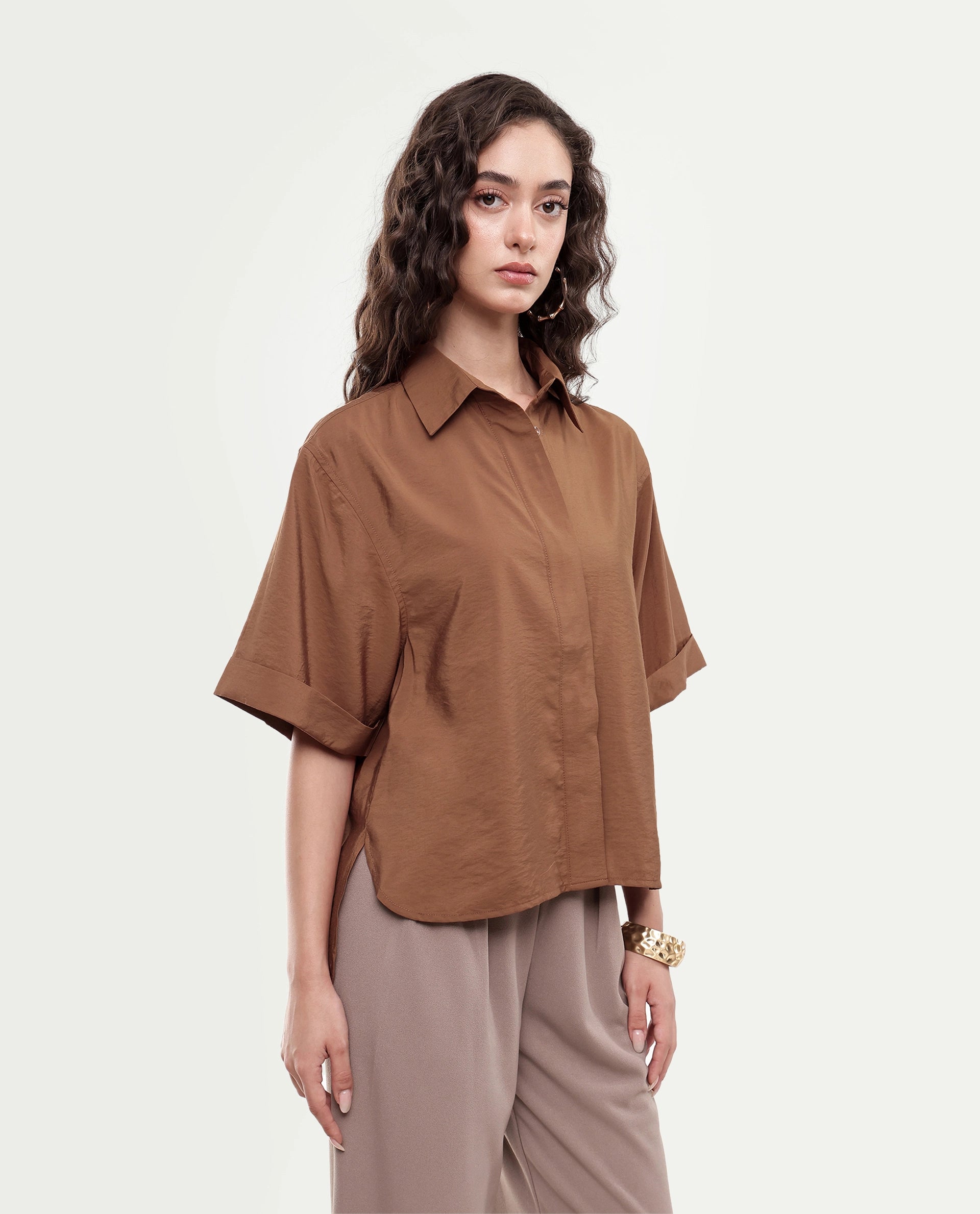 Rareism Women's Obin Primary Mustard Viscose Blend Spread Collar Boxy Plain Shirt