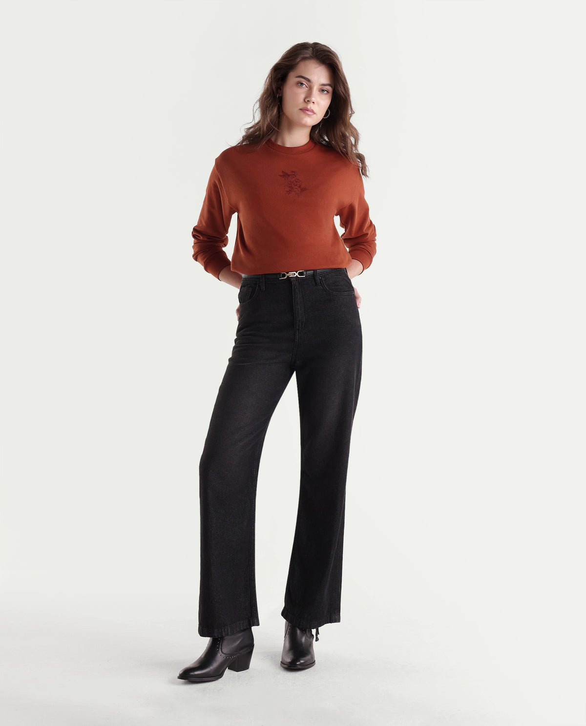 Rareism Women's Ped Dark Orange Cotton Blend Pull-On Relaxed Fit Embroidered Sweatshirt