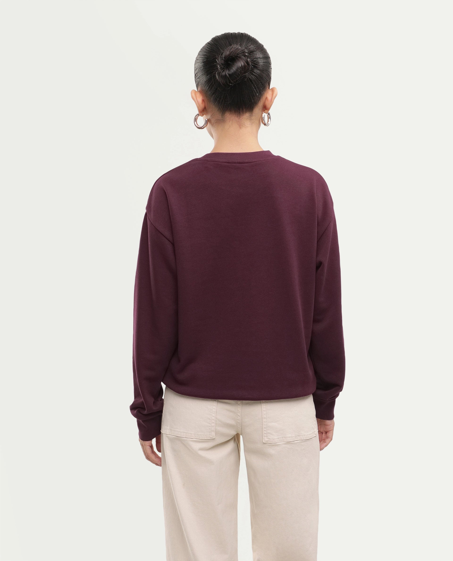 Rareism Women's Poot Dark Maroon Cotton Blend Pull-On Regular Fit Printed Sweatshirt