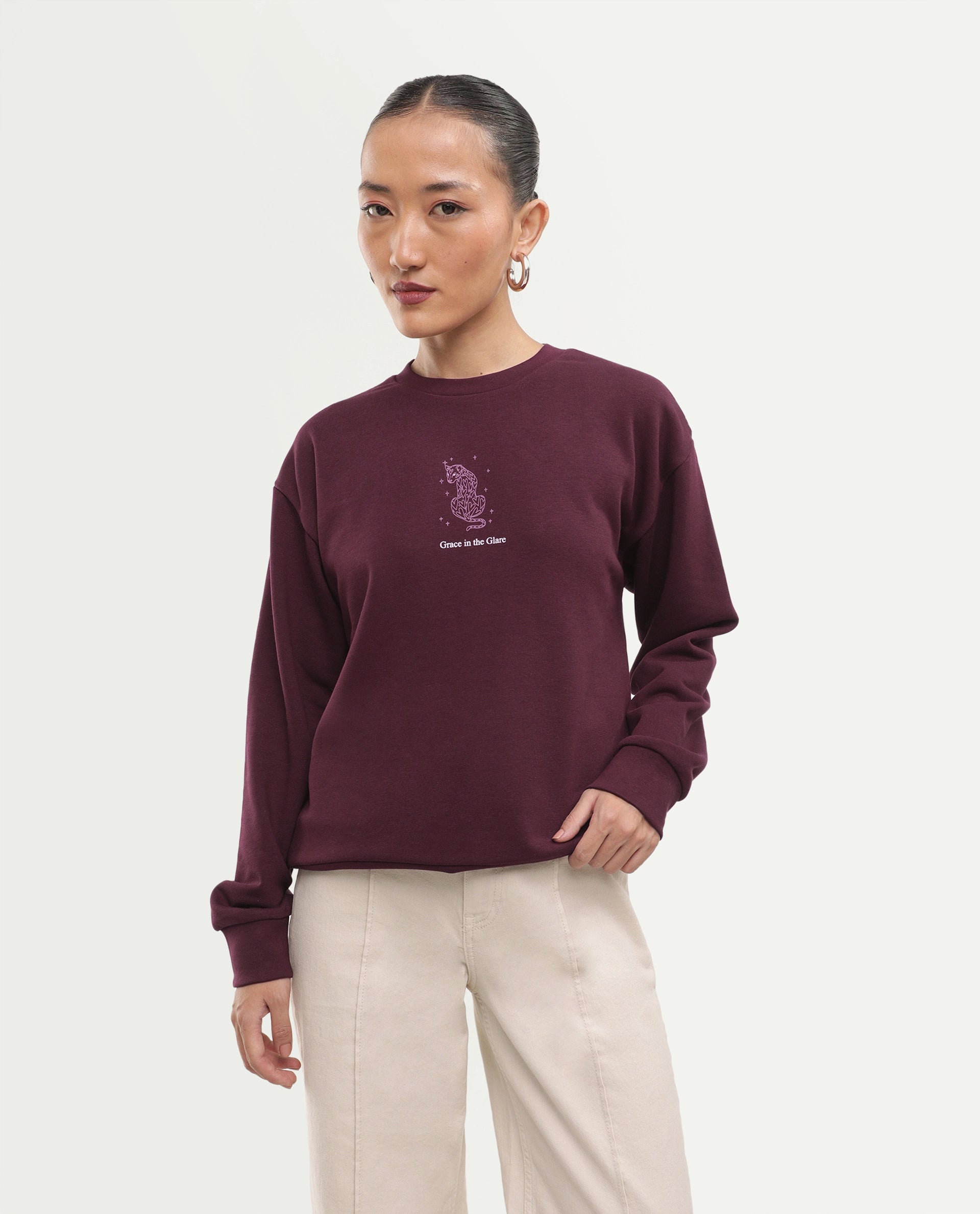 Rareism Women's Poot Dark Maroon Cotton Blend Pull-On Regular Fit Printed Sweatshirt
