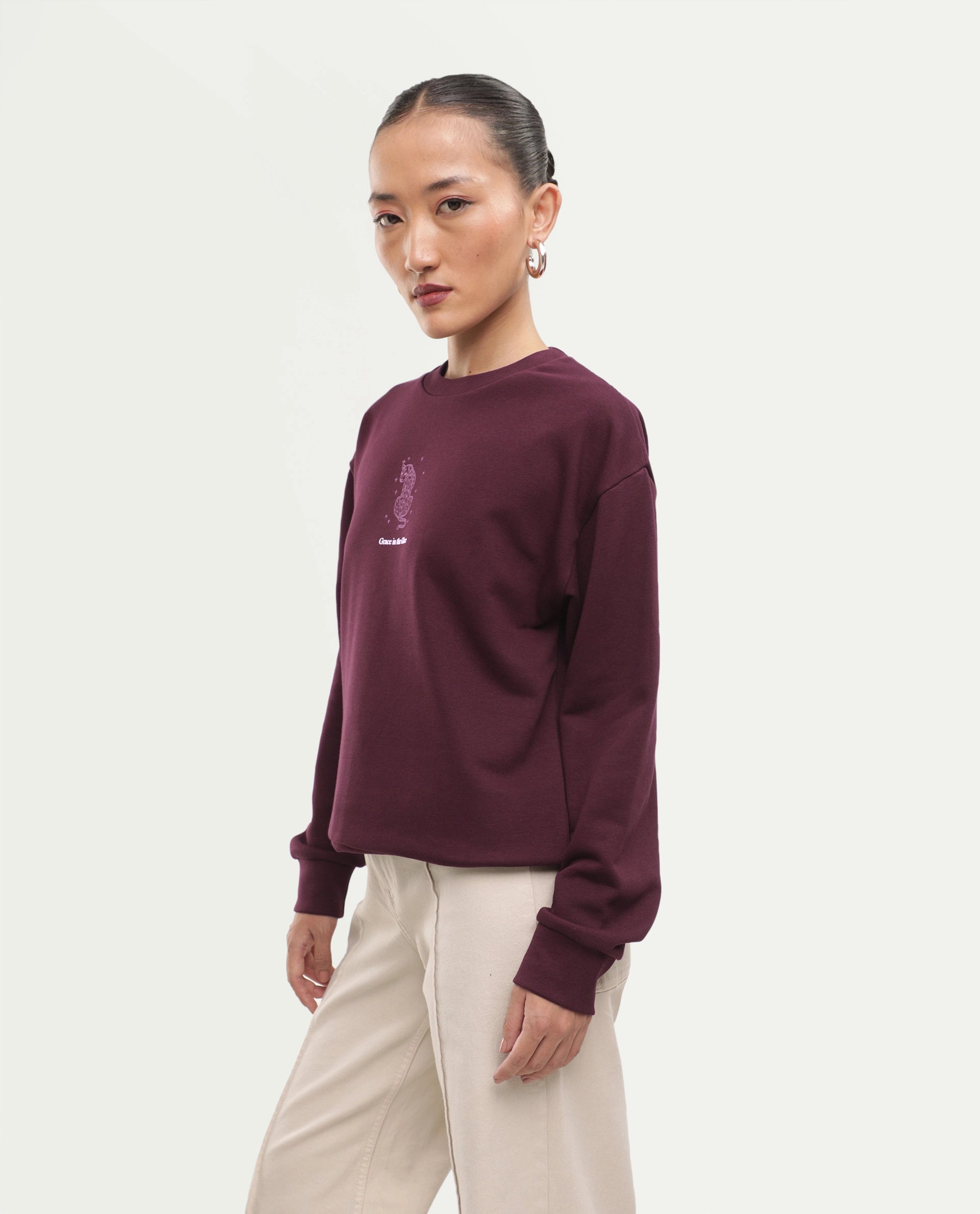 Rareism Women's Poot Dark Maroon Cotton Blend Pull-On Regular Fit Printed Sweatshirt