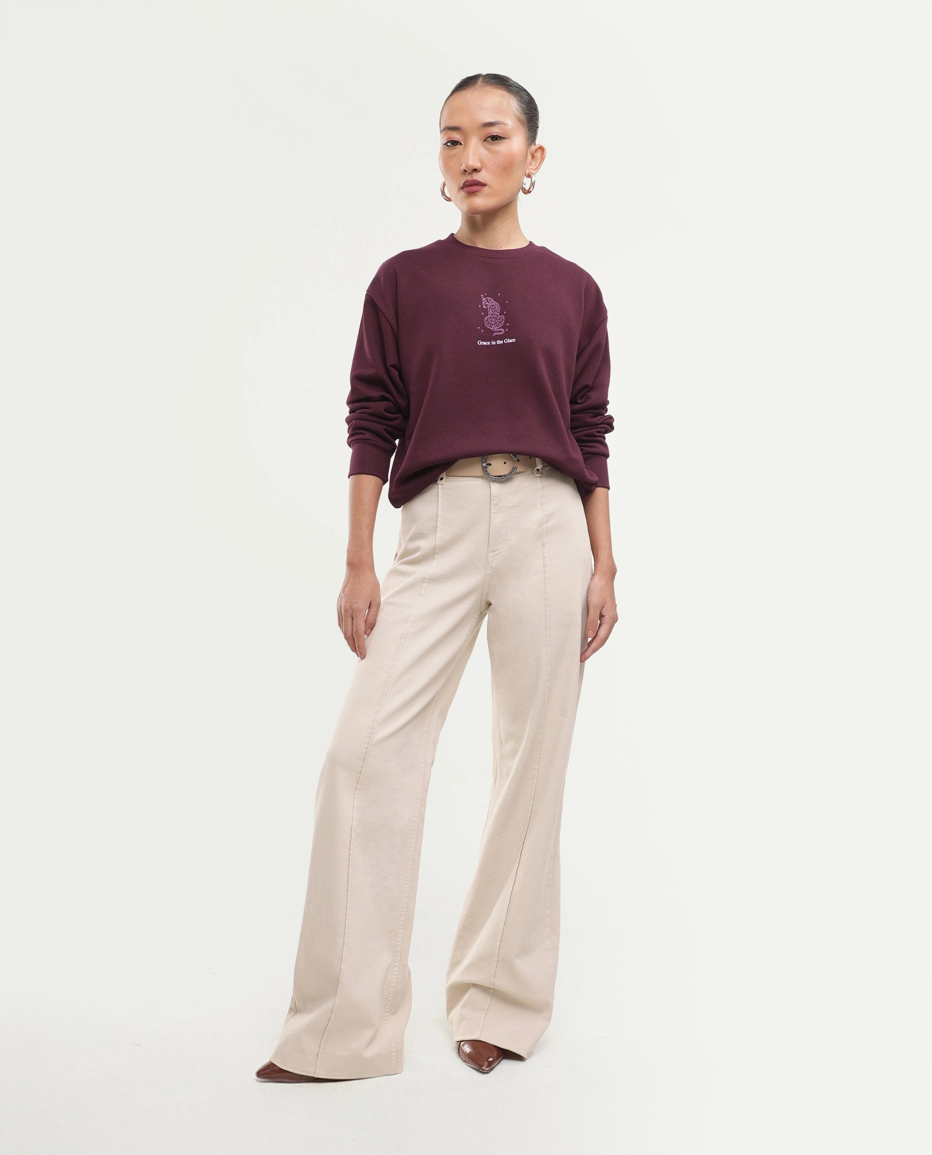 Rareism Women's Poot Dark Maroon Cotton Blend Pull-On Regular Fit Printed Sweatshirt