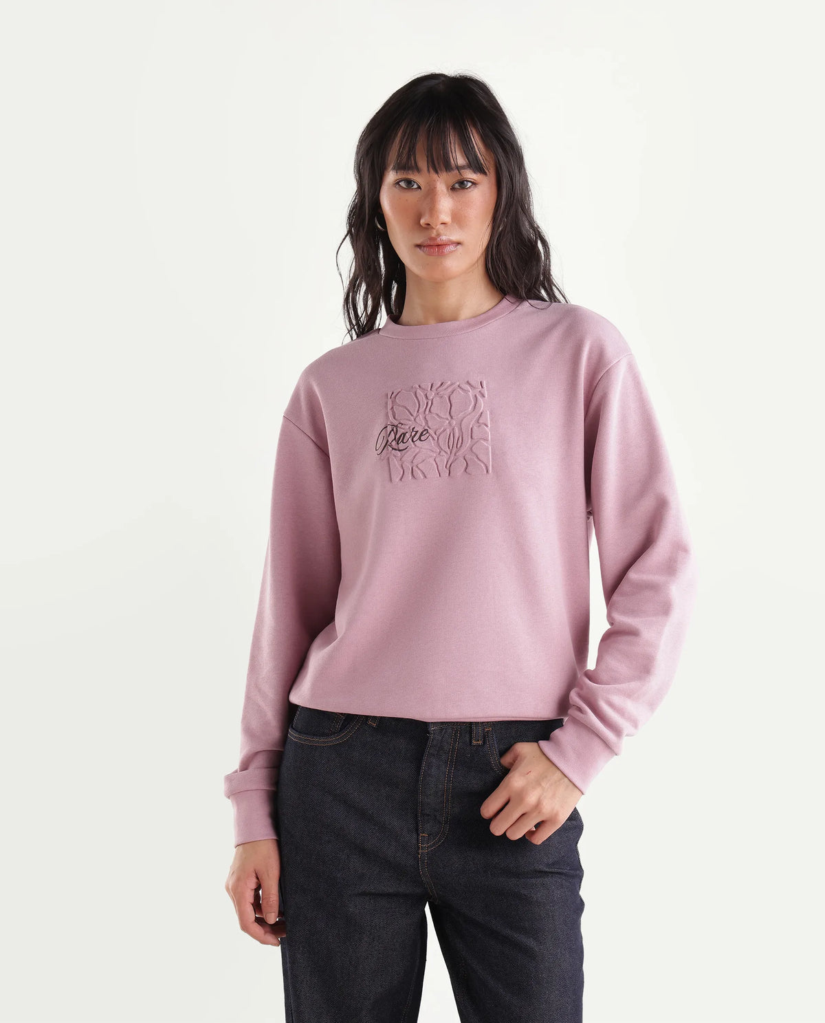 Rareism Women's Pick-T Dusky Pink Cotton Blend Pull-On Relaxed Fit Embroidered Sweatshirt