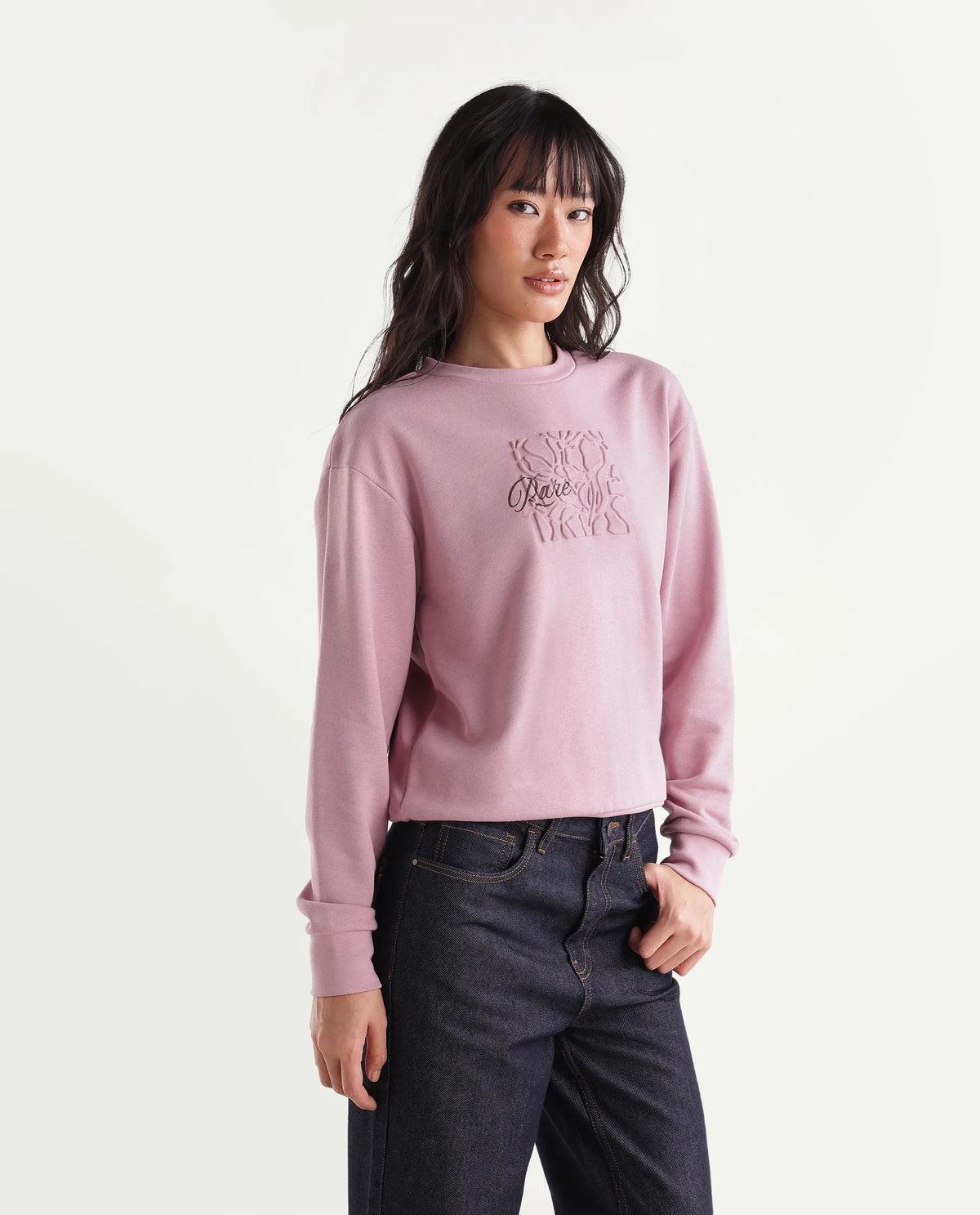Rareism Women's Pick-T Dusky Pink Cotton Blend Pull-On Relaxed Fit Embroidered Sweatshirt