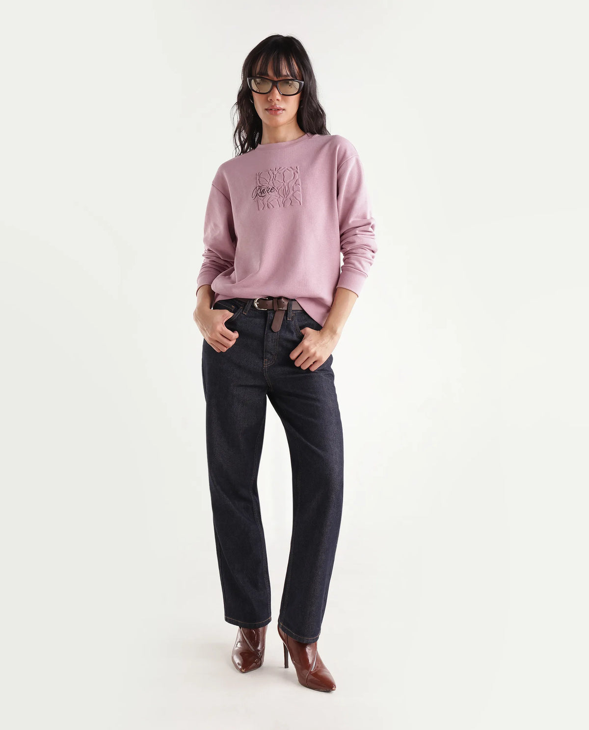Rareism Women's Pick-T Dusky Pink Cotton Blend Pull-On Relaxed Fit Embroidered Sweatshirt