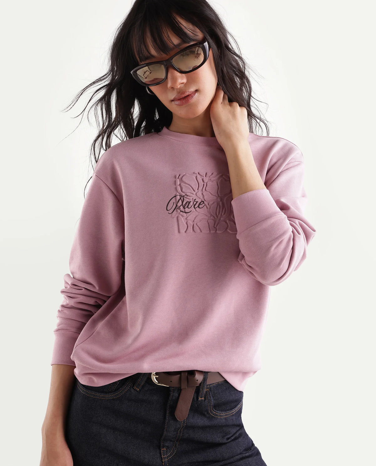 Rareism Women's Pick-T Dusky Pink Cotton Blend Pull-On Relaxed Fit Embroidered Sweatshirt