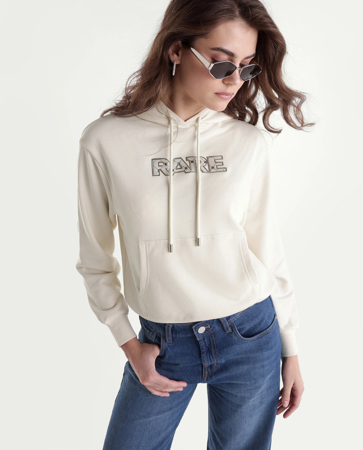 Rareism Women's Prob Off White Cotton Blend Drawstring Relaxed Fit Hd Print Sweatshirt